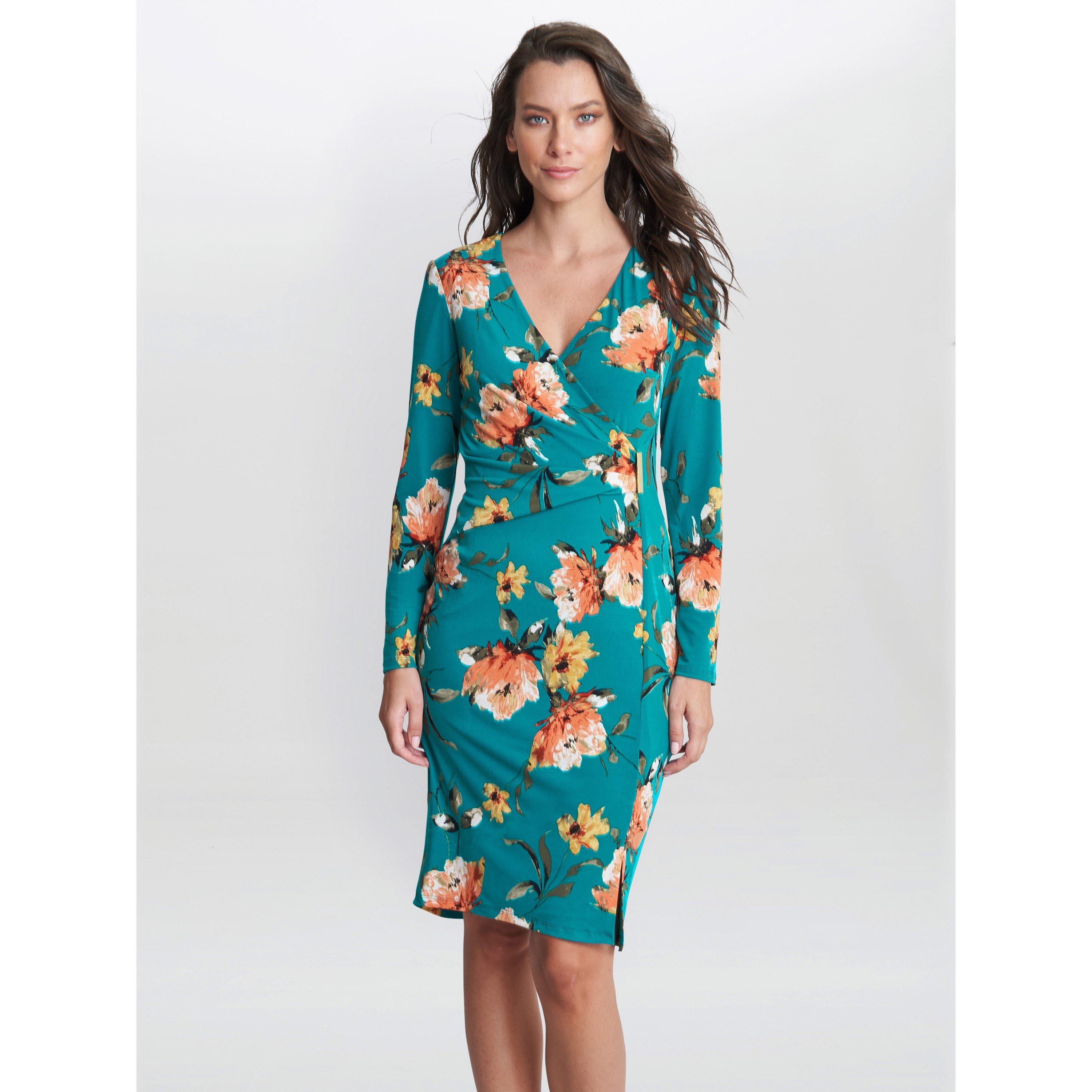 Green - Gina Bacconi - Harper Wrap Dress With Gold Trim - 1