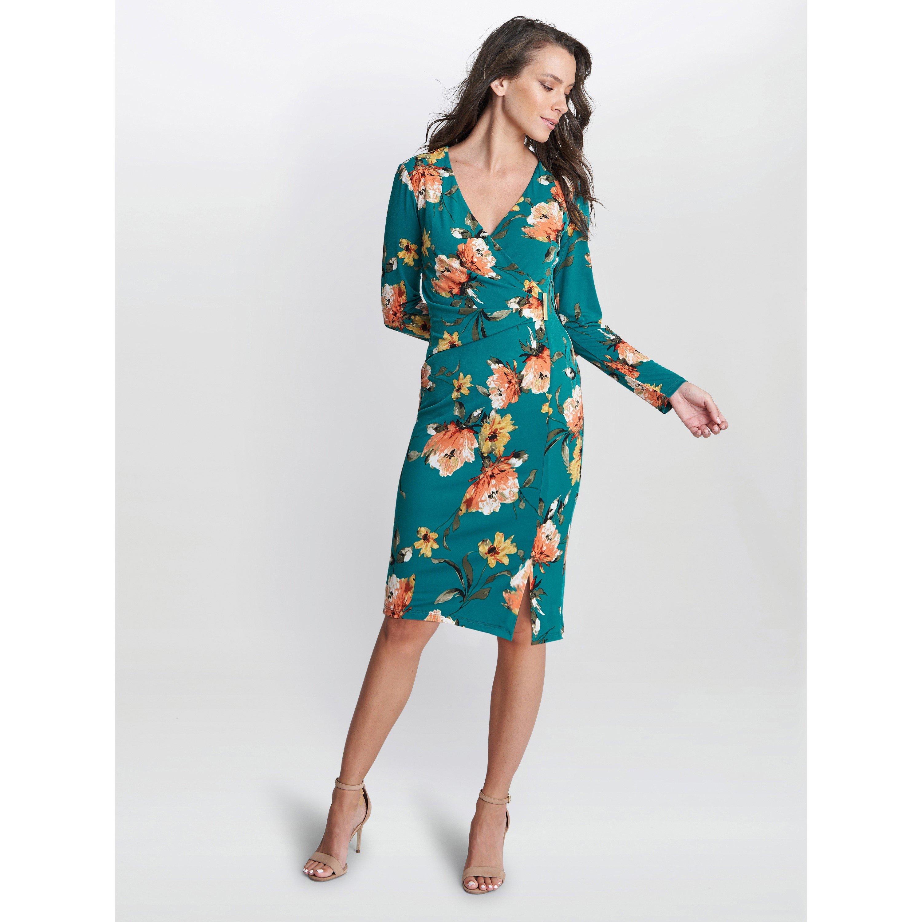 Green - Gina Bacconi - Harper Wrap Dress With Gold Trim - 6