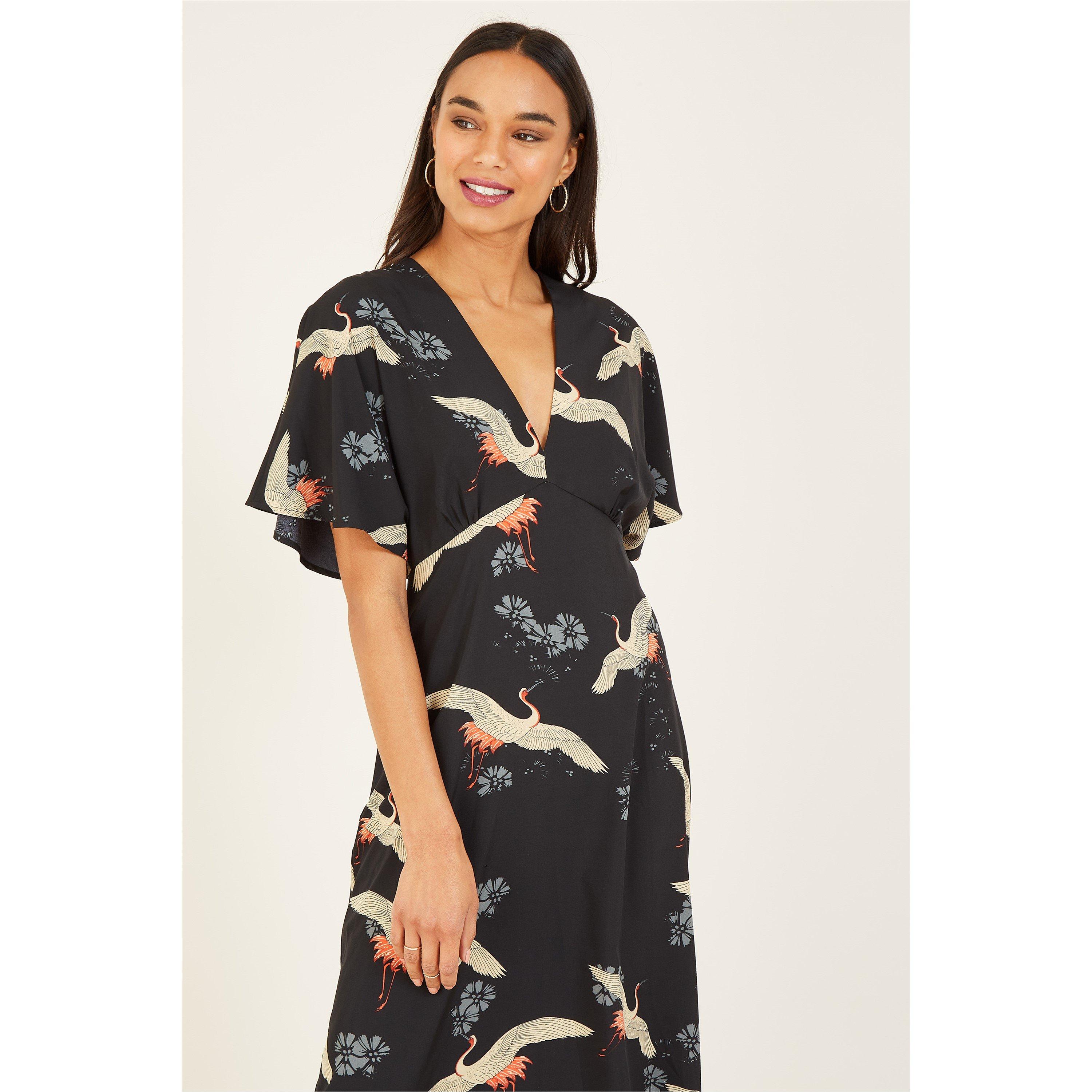 Black - Yumi - Black Crane Print Midi Dress - 2