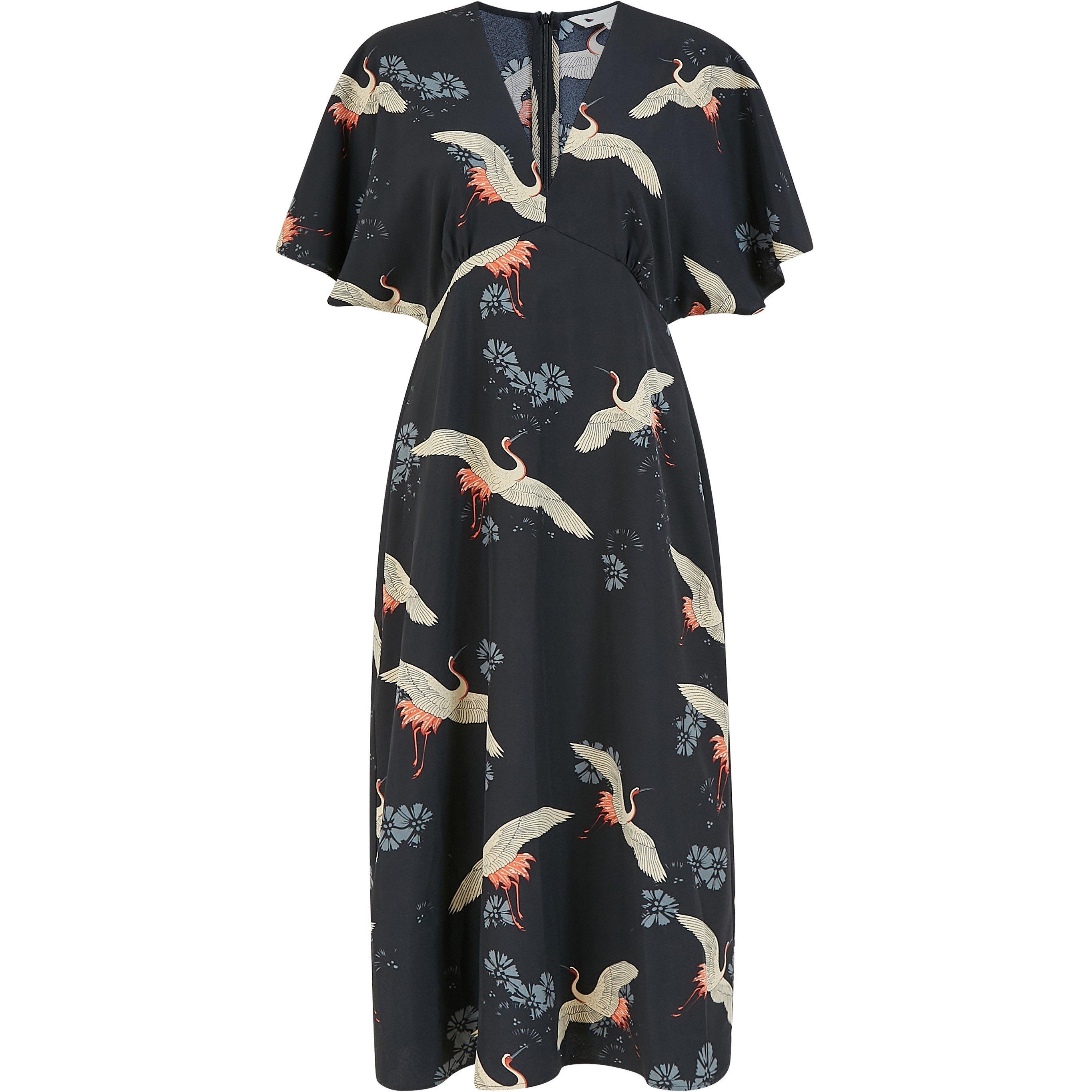Black - Yumi - Black Crane Print Midi Dress - 4