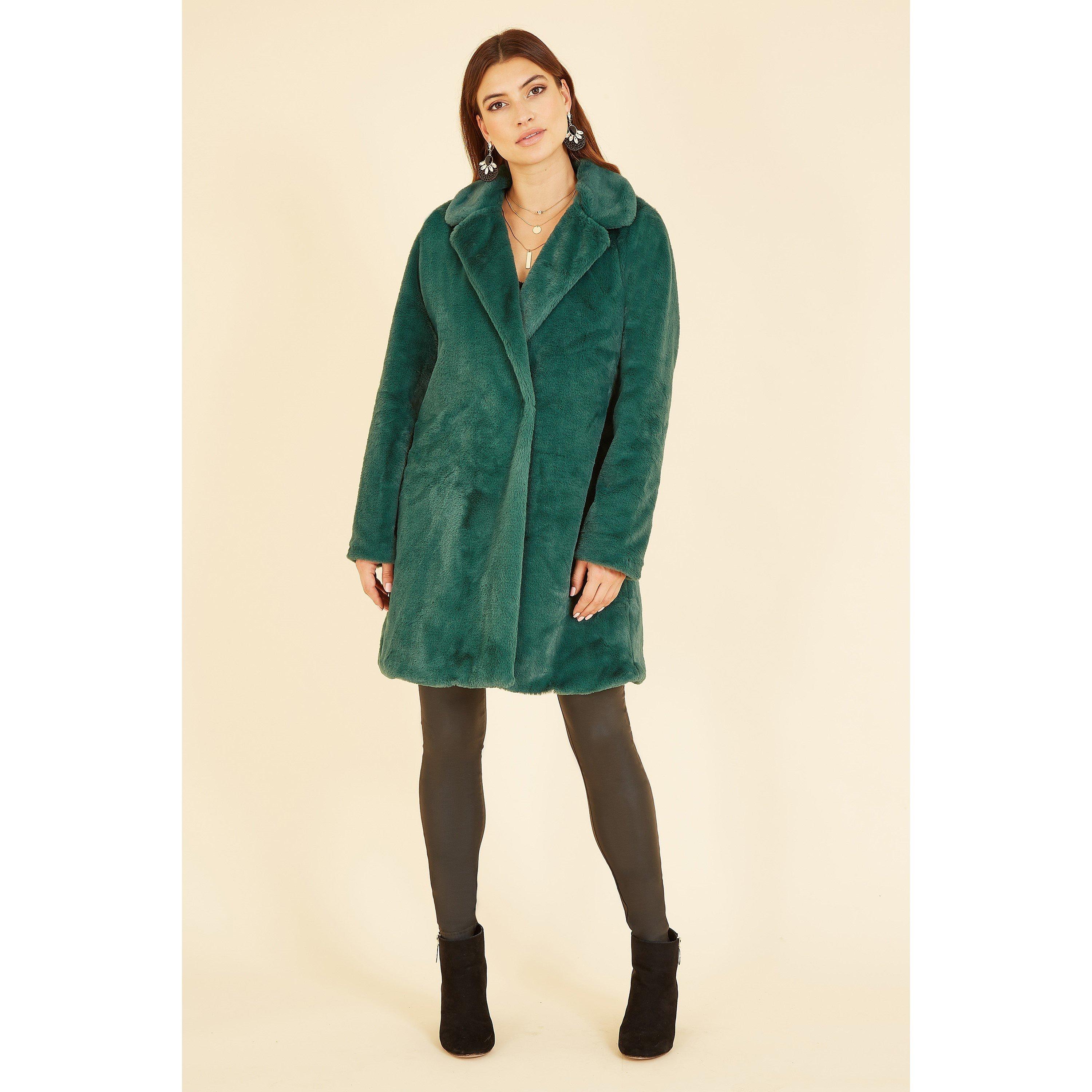 Green - Yumi - Women's  Green Faux Fur Oversized Fit Coat - 2