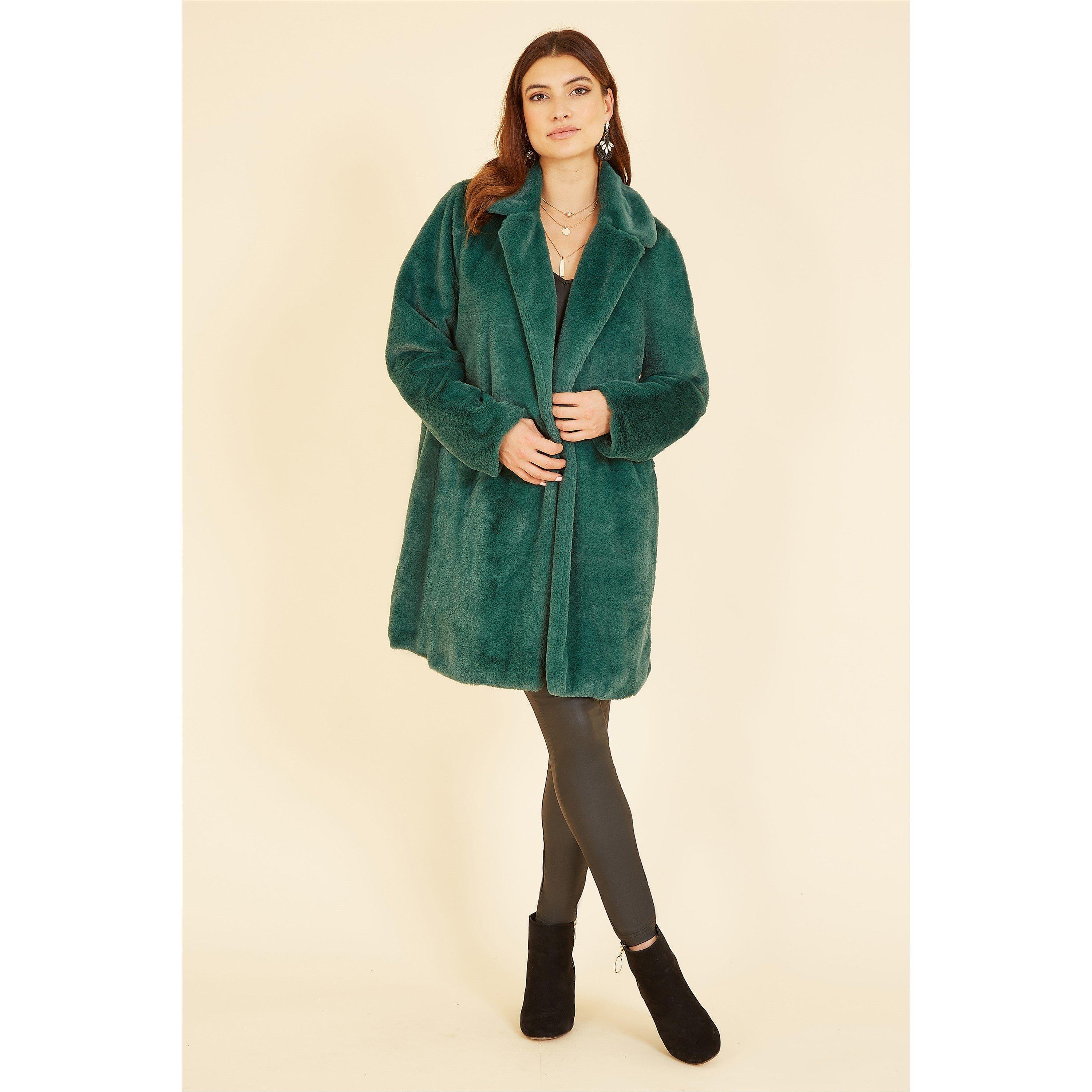 Green - Yumi - Women's  Green Faux Fur Oversized Fit Coat - 3