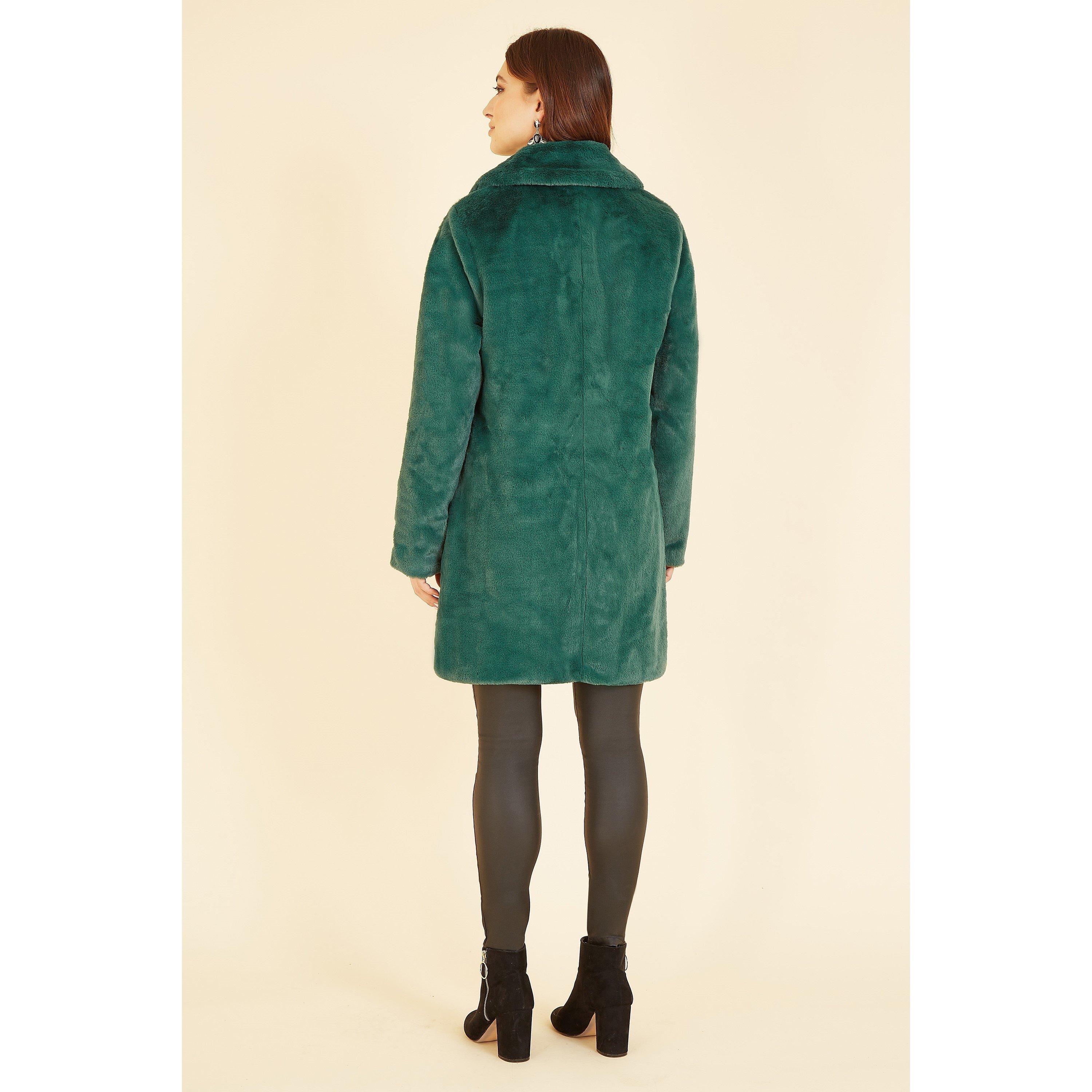 Green - Yumi - Women's  Green Faux Fur Oversized Fit Coat - 4