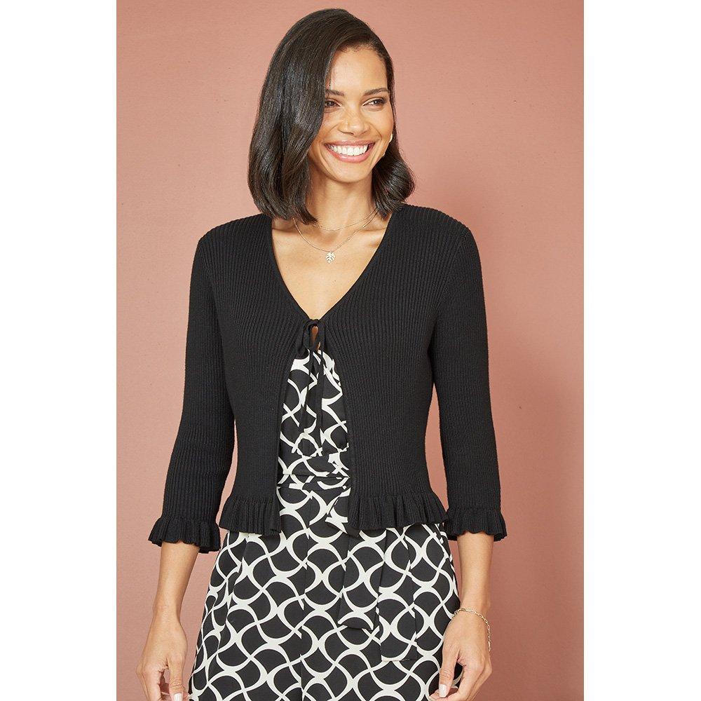 Yumi Women's Black Tie Up Ribbed Cardigan With Frill Hem - Size L Uk - Image 3