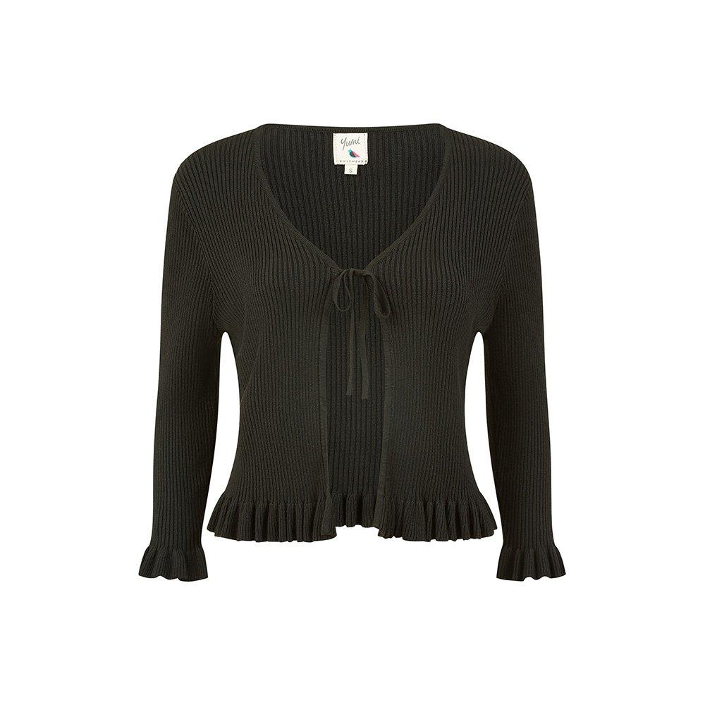 Black - Yumi - Black Tie Up Ribbed Cardigan - 5