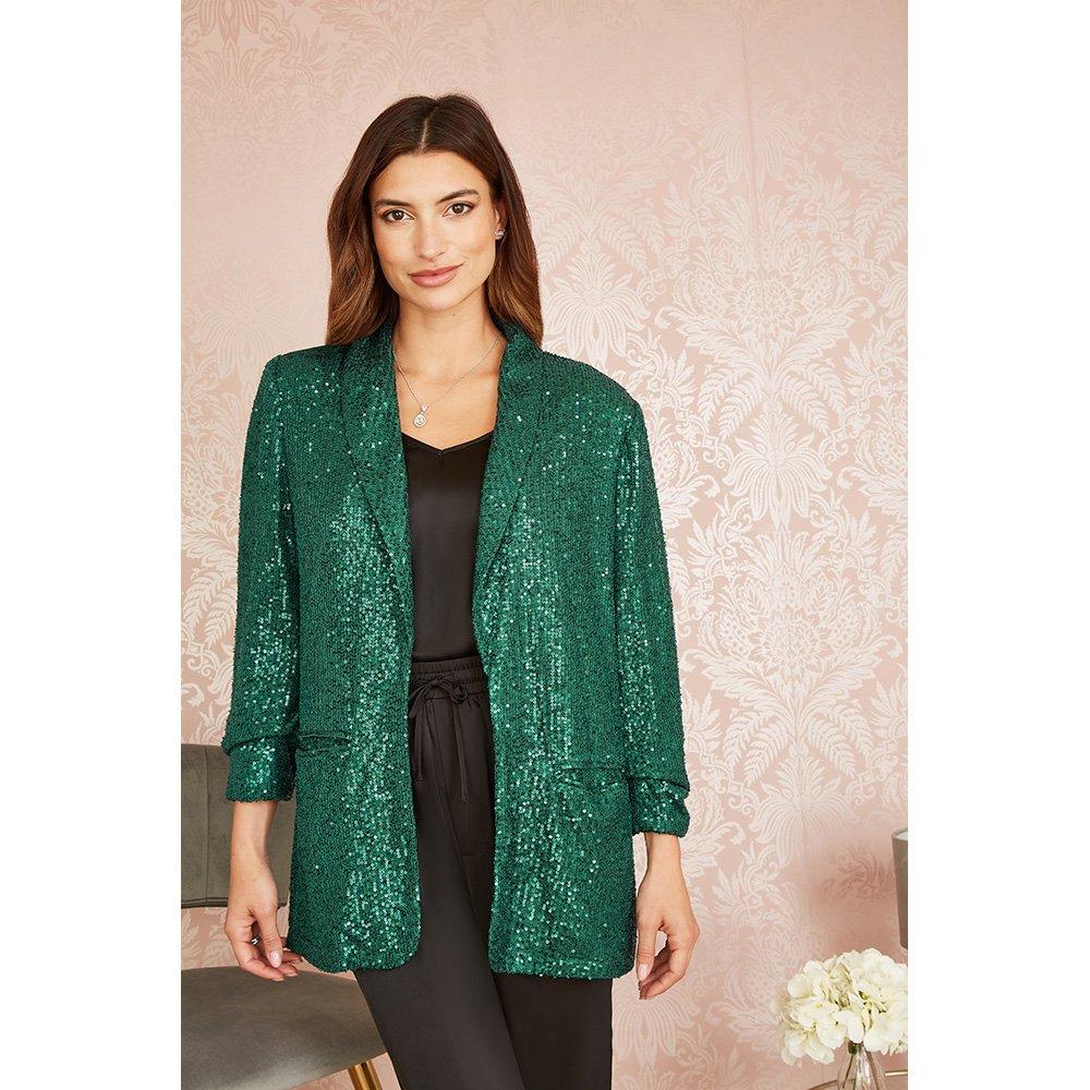 Bright Green - Yumi - Women's Bright Green Sequin Pockets Blazer - 1