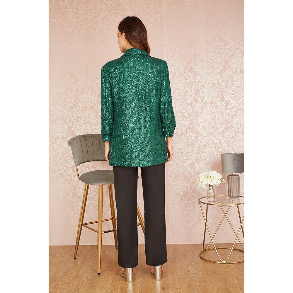 Bright Green - Yumi - Women's Bright Green Sequin Pockets Blazer - 3