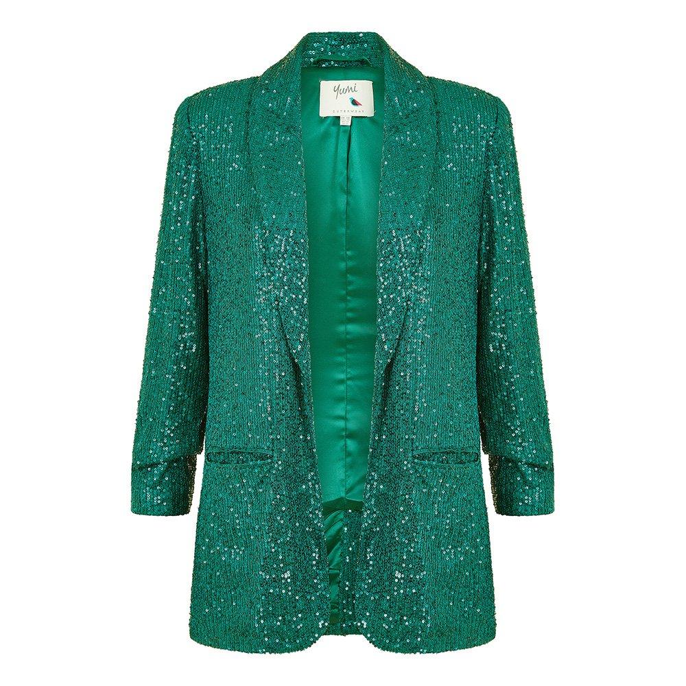 Bright Green - Yumi - Women's Bright Green Sequin Pockets Blazer - 4