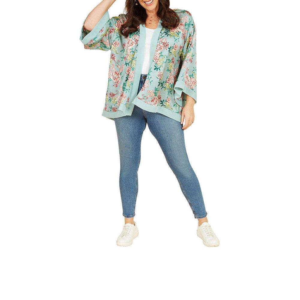 Green - Yumi - Green Floral Satin Kimono - 2