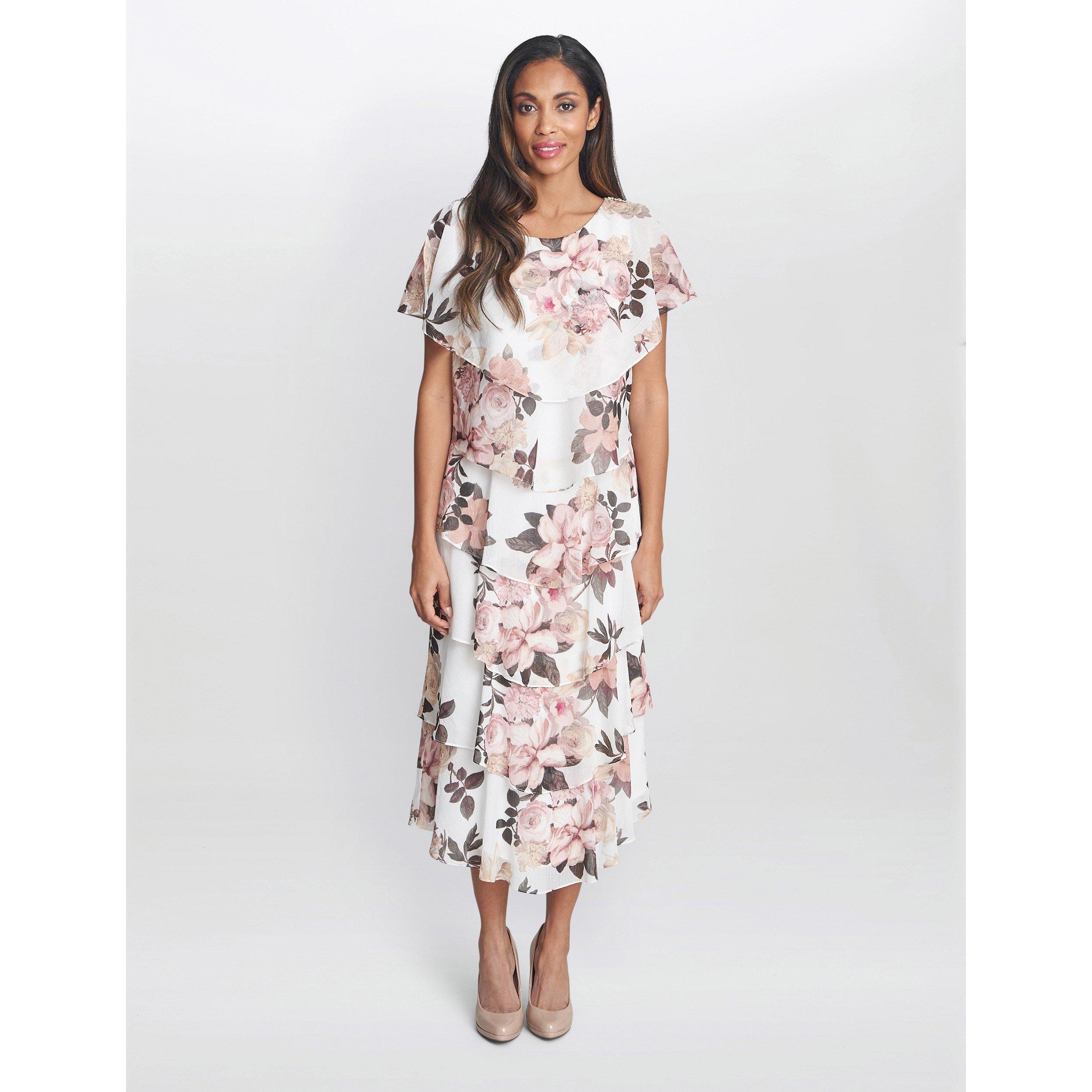 Gina Bacconi Women's Alice Midi Printed Tiered Dress - Ivory / Pink - 16