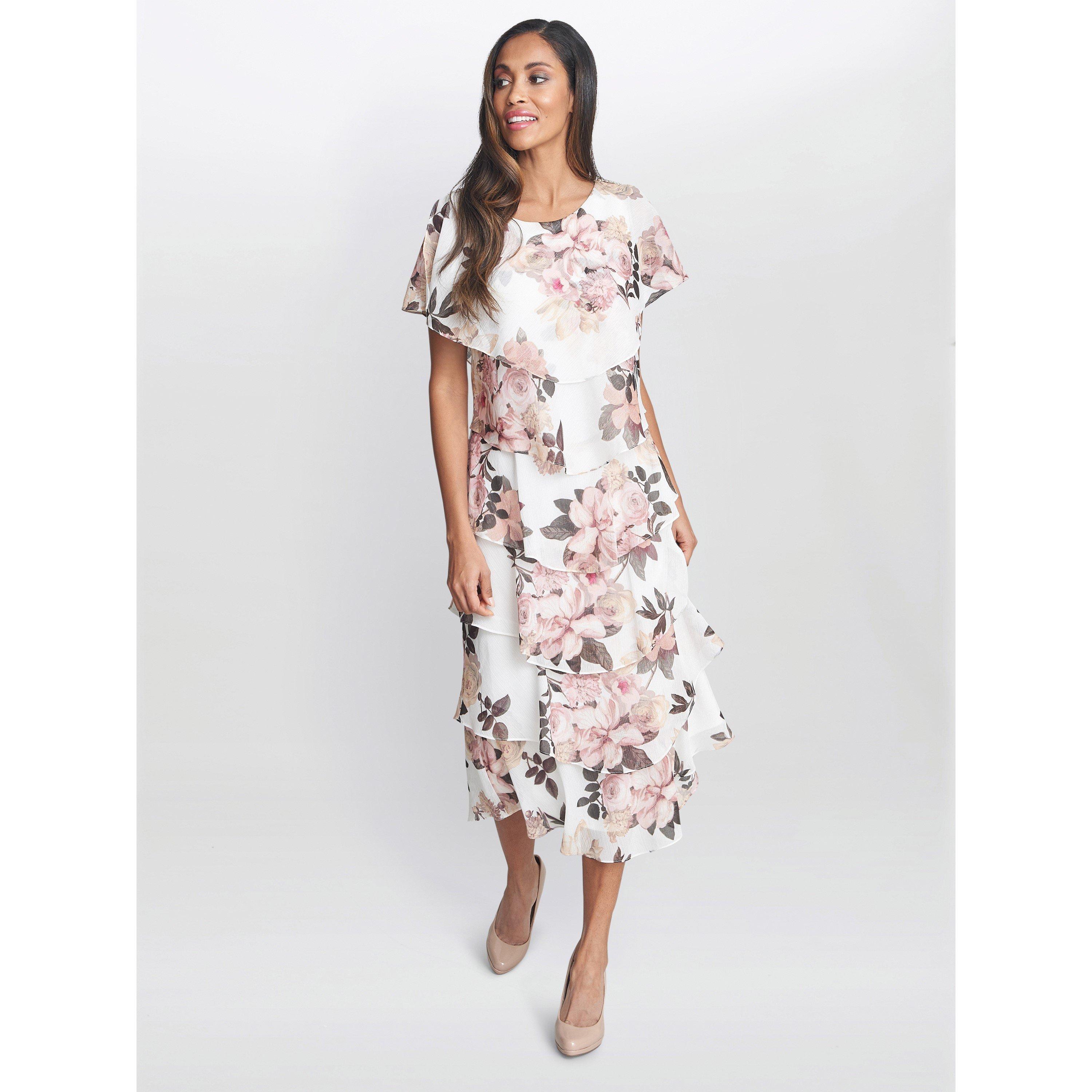 Ivory / Pink - Gina Bacconi - Alice Midi Printed Tiered Dress - 3