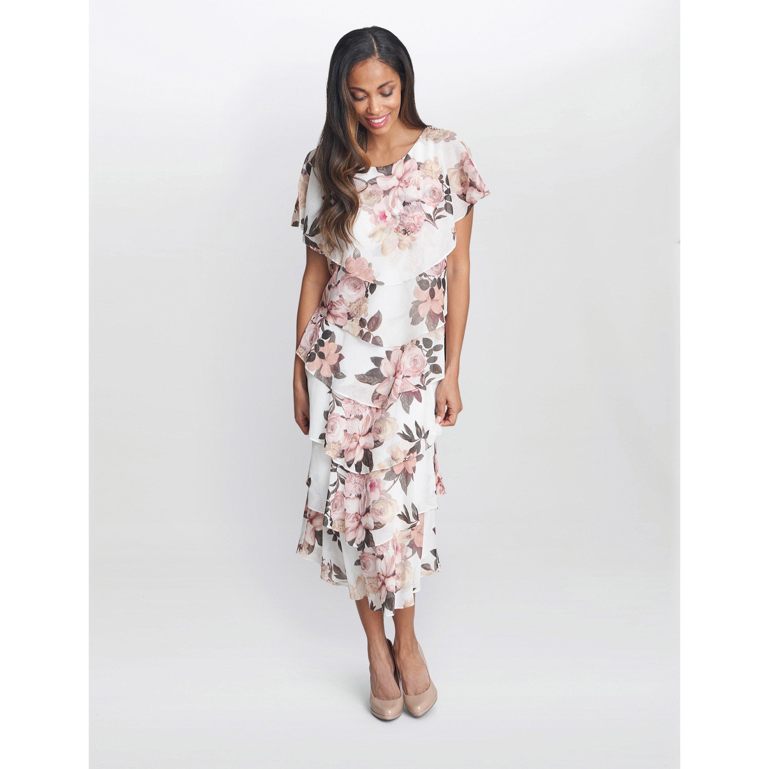 Ivory / Pink - Gina Bacconi - Alice Midi Printed Tiered Dress - 6