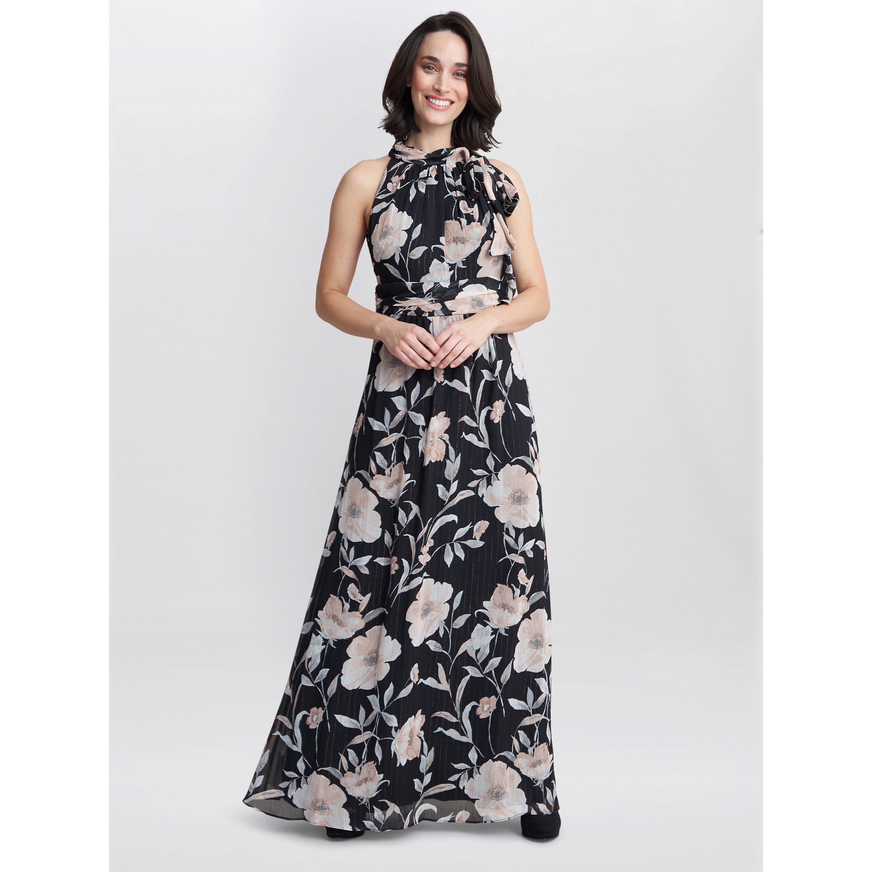 Black / Multi - Gina Bacconi - Printed Maxi Dress With Tie Neckline - 3