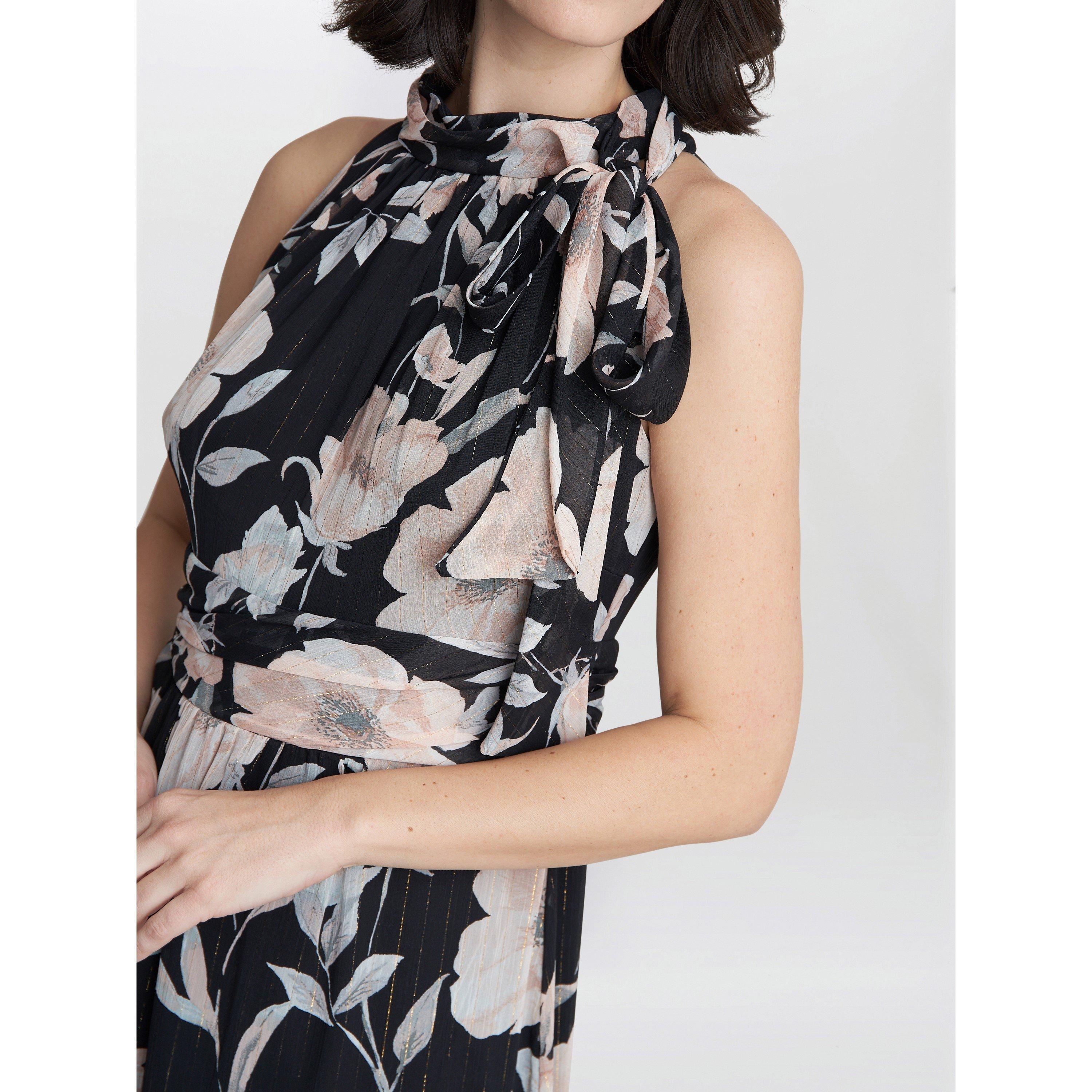 Black / Multi - Gina Bacconi - Printed Maxi Dress With Tie Neckline - 5