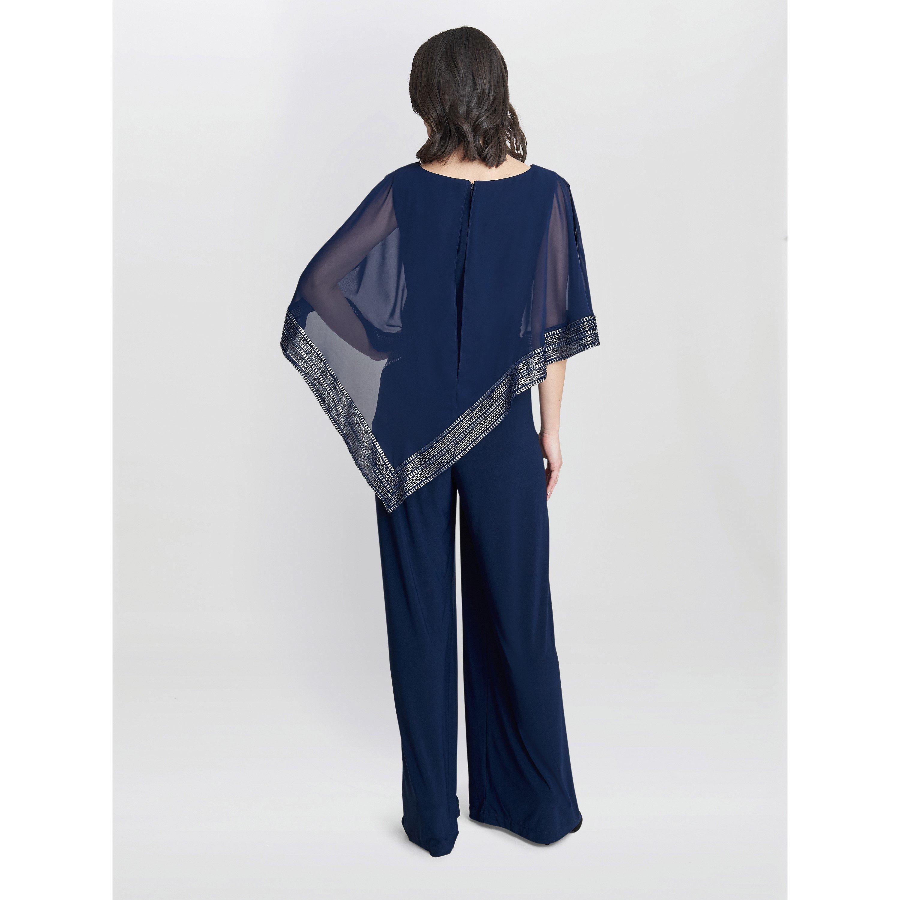 Navy / Silver - Gina Bacconi - Eve Asymmetrical Cape Jumpsuit - 2