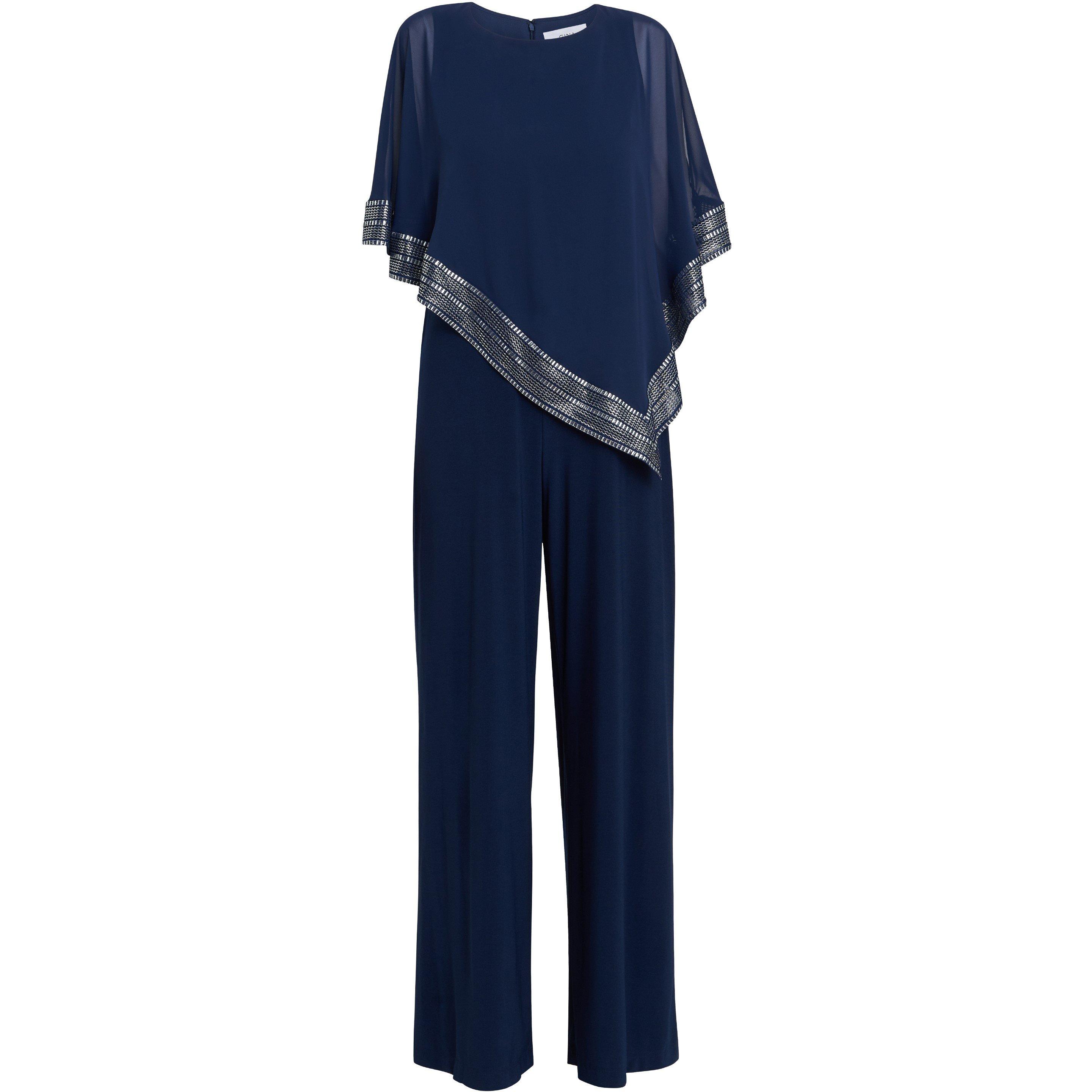 Navy / Silver - Gina Bacconi - Eve Asymmetrical Cape Jumpsuit - 4