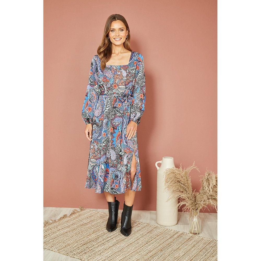 Multi - Mela London - Blue Paisley Print Long Sleeve Dress - 1
