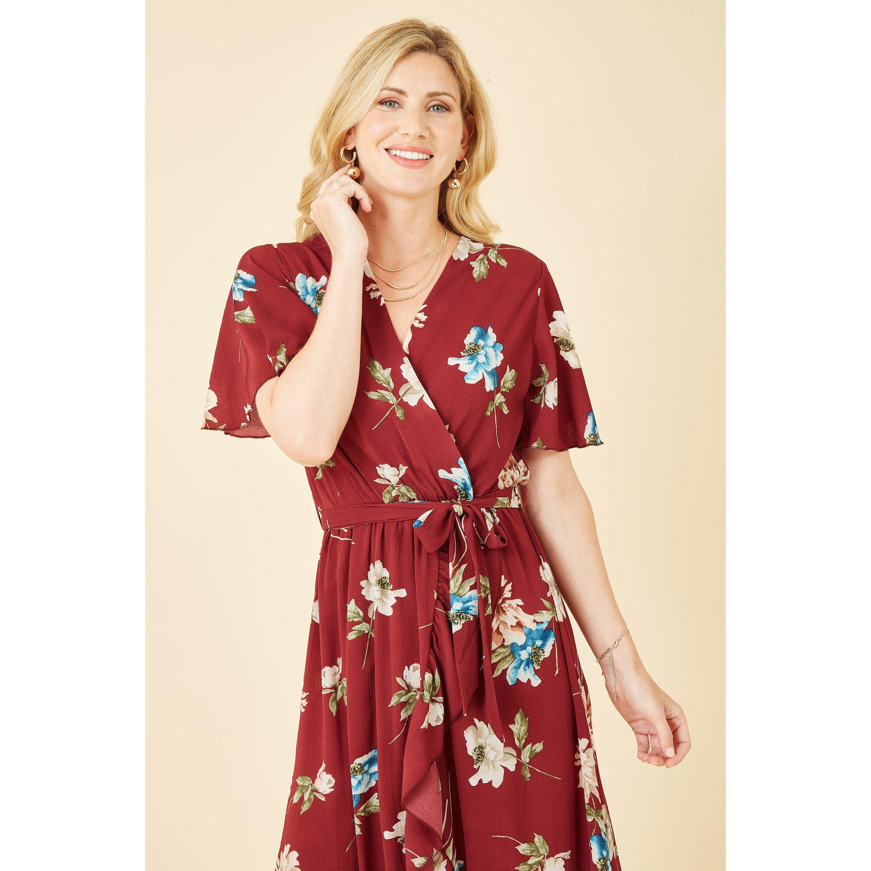 Red - Mela London - Red Floral Dip Hem Wrap Midi Dress - 3