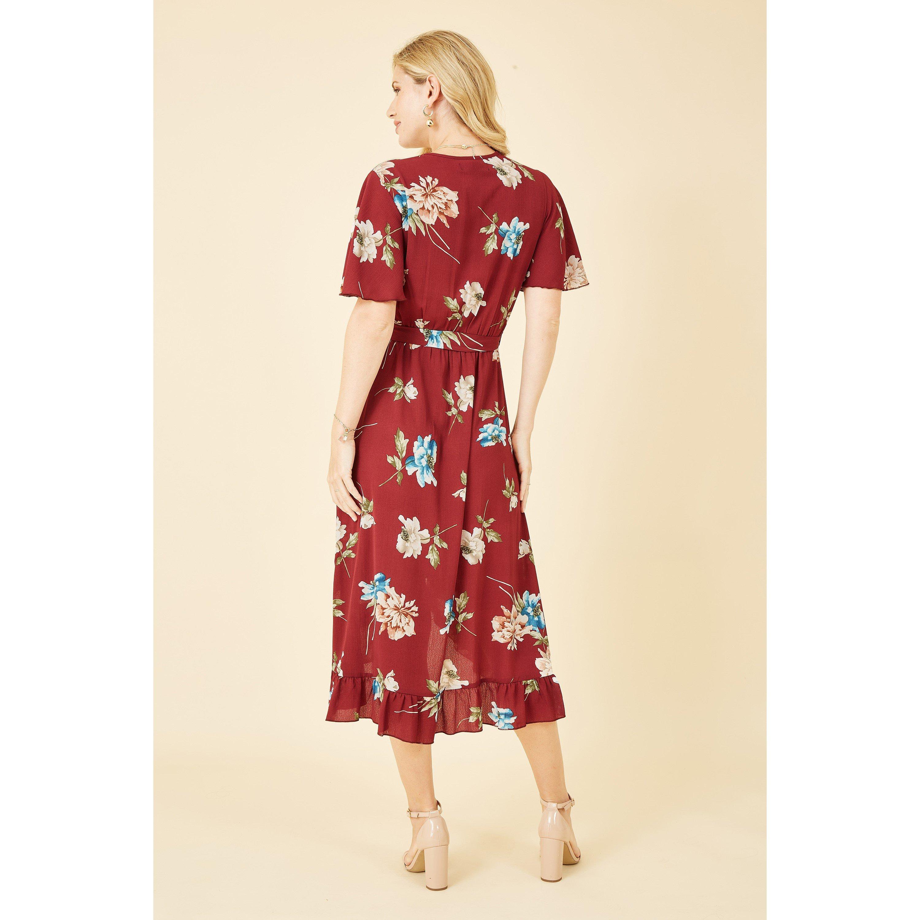 Red - Mela London - Red Floral Dip Hem Wrap Midi Dress - 4