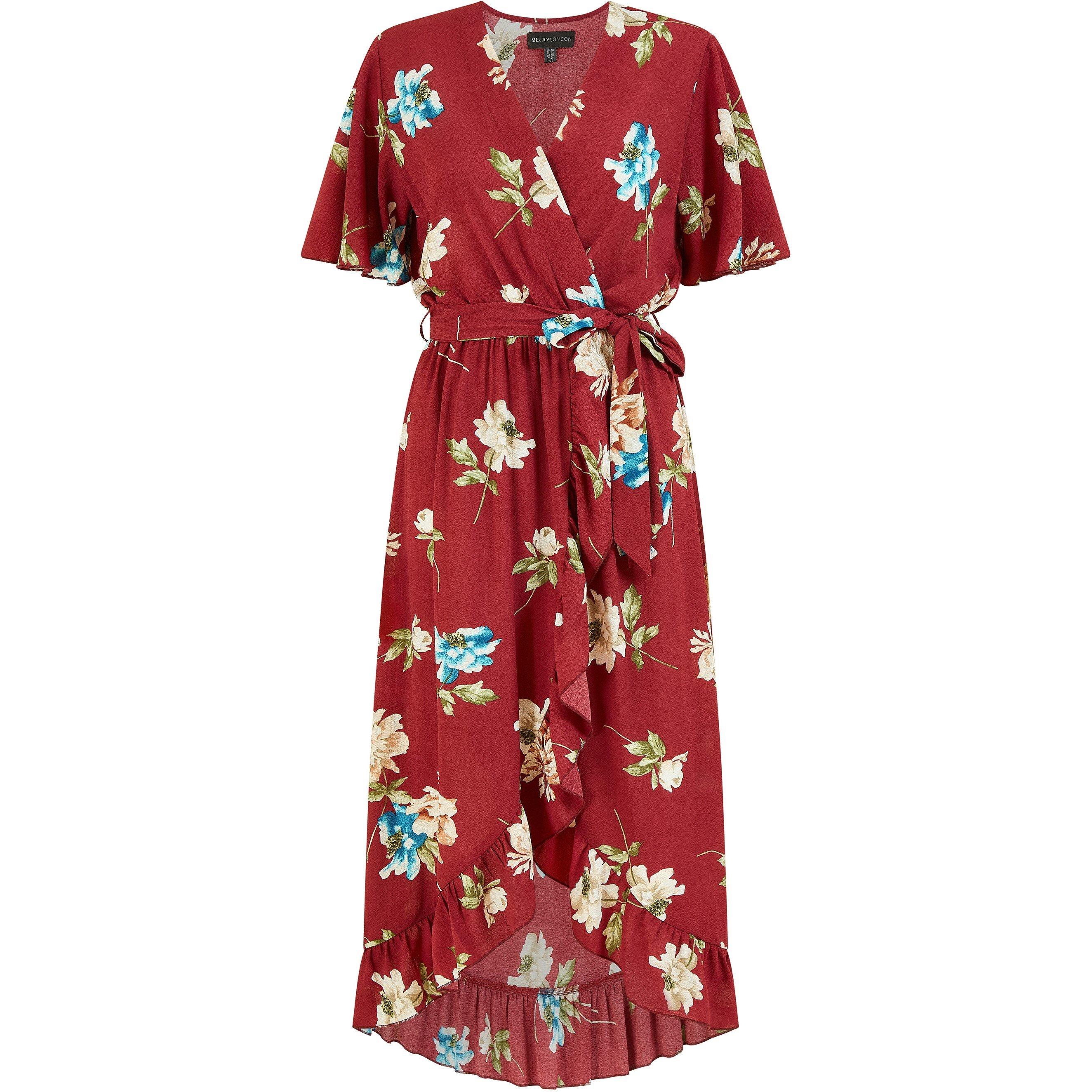 Red - Mela London - Red Floral Dip Hem Wrap Midi Dress - 5