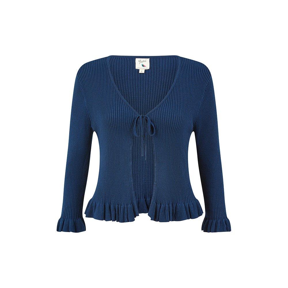 Navy - Yumi - Navy Tie Up Ribbed Cardigan - 4