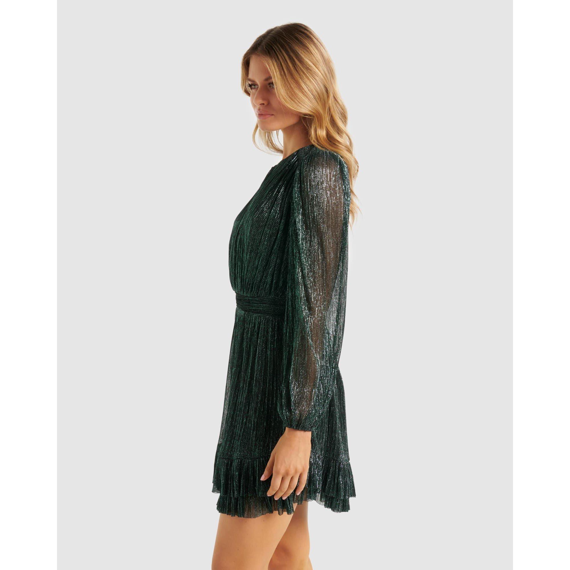 Dark Green - Forever New - Goldie Long Sleeve Plisse Mini Dress - 4
