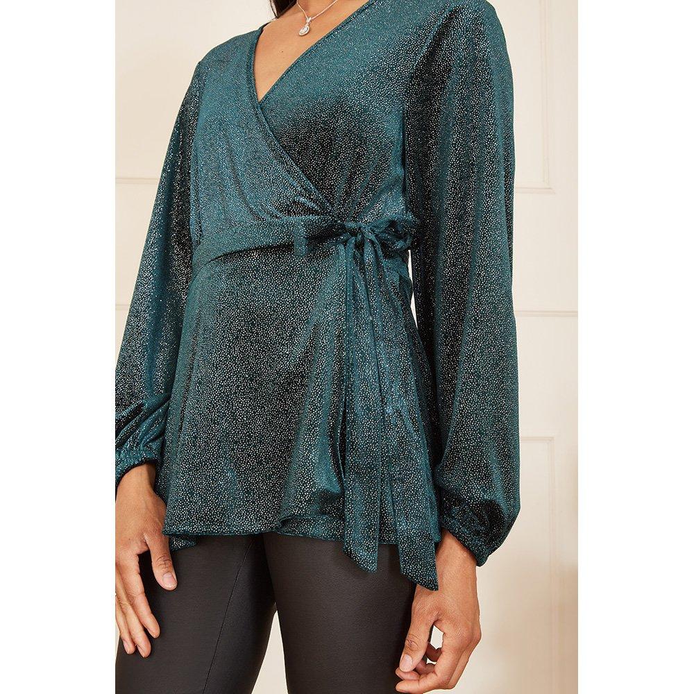 Green - Yumi - Green Sparkle Velvet Wrap Top - 3