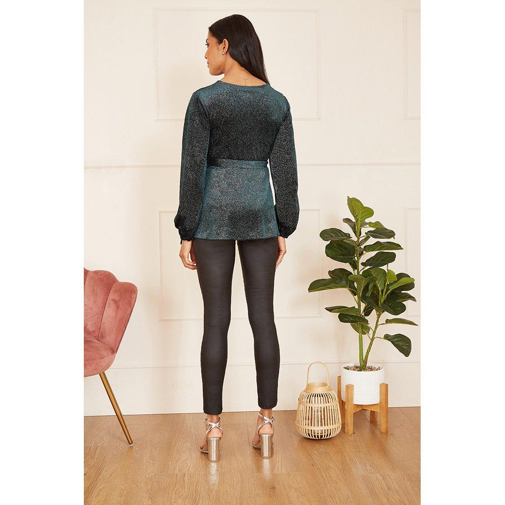 Green - Yumi - Green Sparkle Velvet Wrap Top - 4