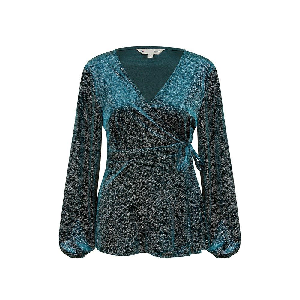 Green - Yumi - Green Sparkle Velvet Wrap Top - 5
