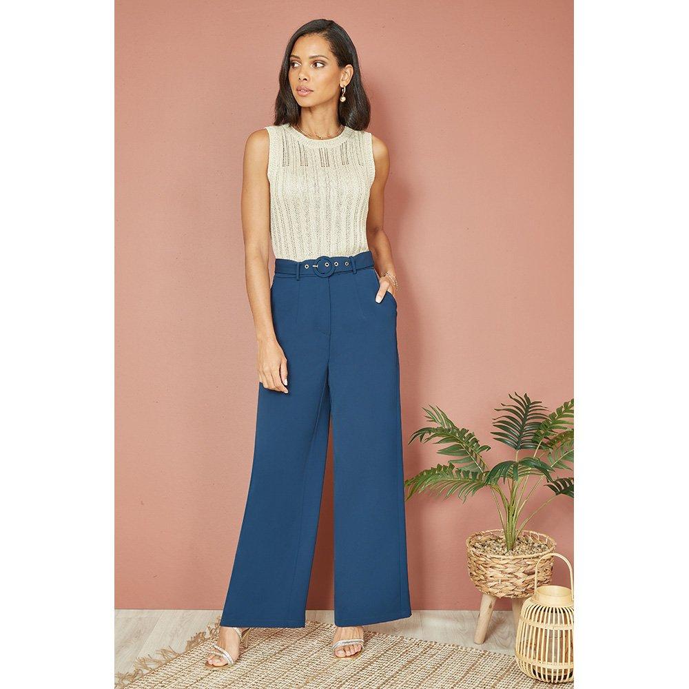 Navy - Yumi - Navy Straight Leg Crepe Trousers - 2