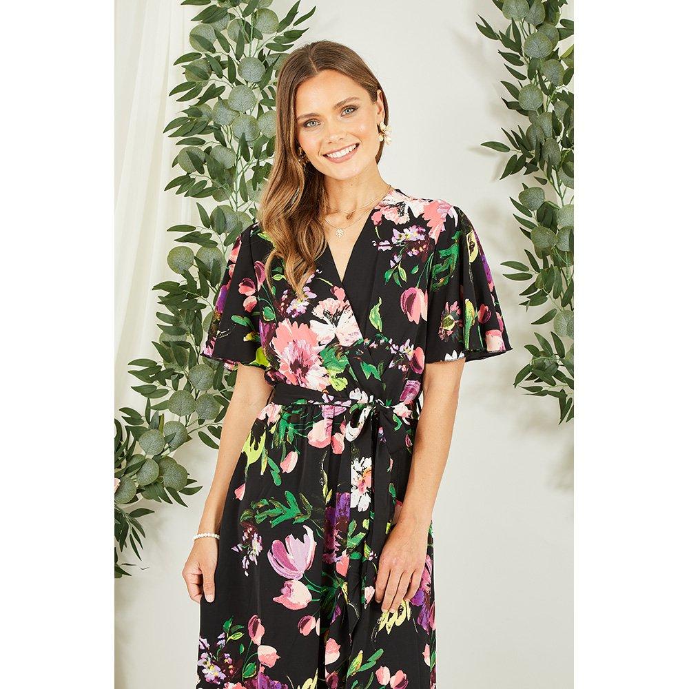 Black - Mela London - Black Floral Wrap Midi Dress With Frills - 2