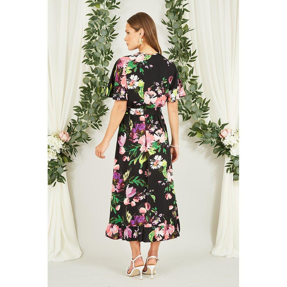 Black - Mela London - Black Floral Wrap Midi Dress With Frills - 3