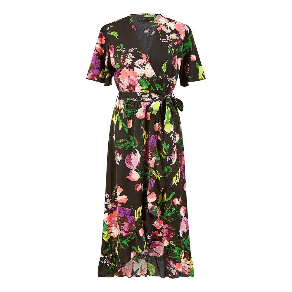 Black - Mela London - Black Floral Wrap Midi Dress With Frills - 4