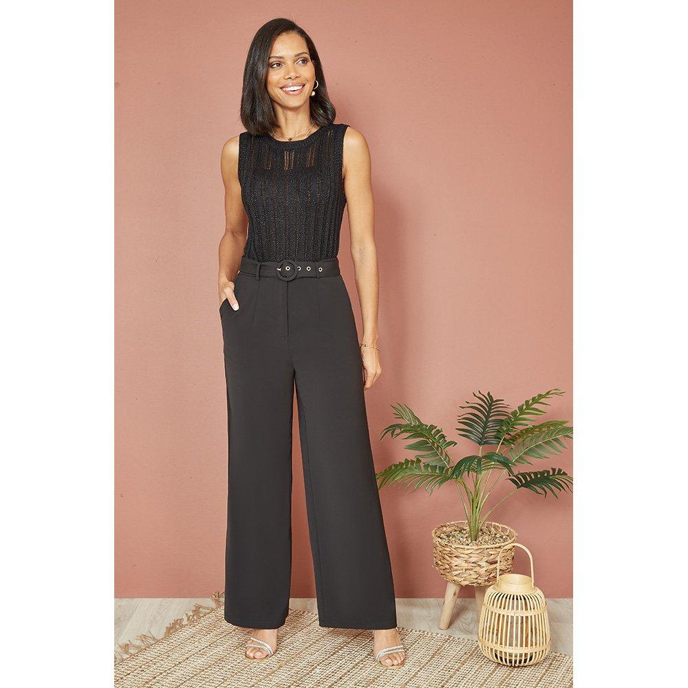 Black - Yumi - Black Straight Leg Crepe Trousers - 2