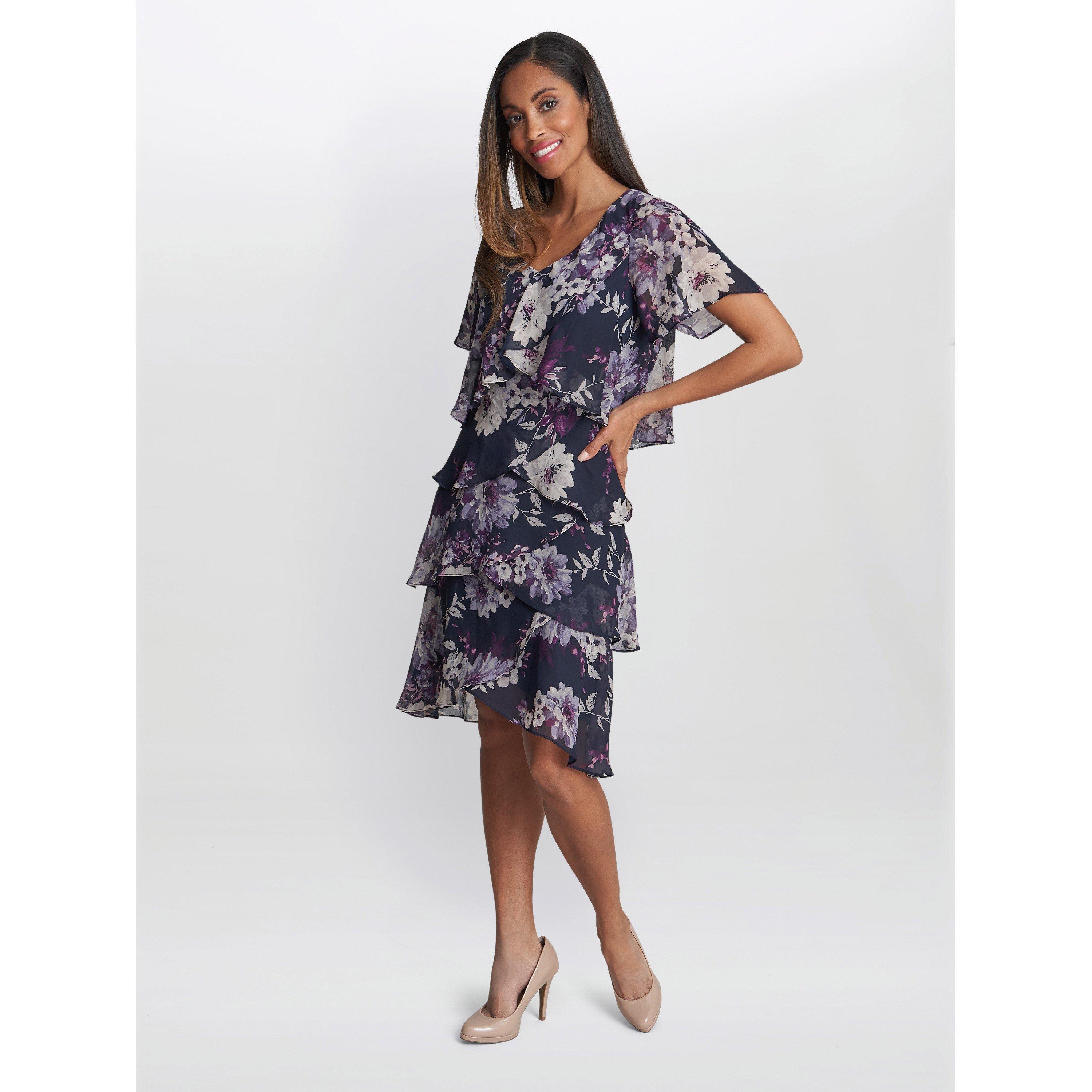 Navy Multi - Gina Bacconi - Paula Printed V Neck Tier Dress - 3