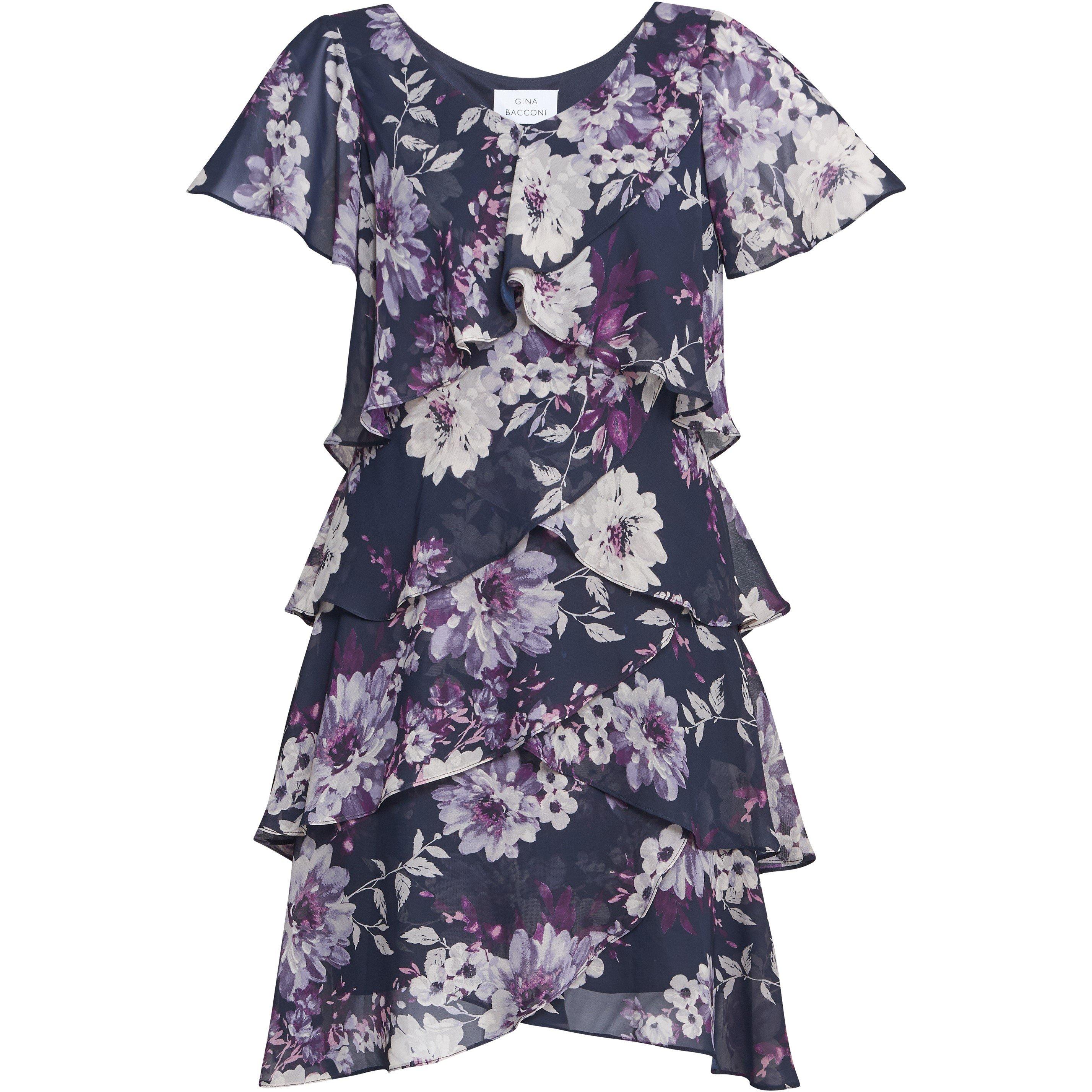 Navy Multi - Gina Bacconi - Paula Printed V Neck Tier Dress - 4