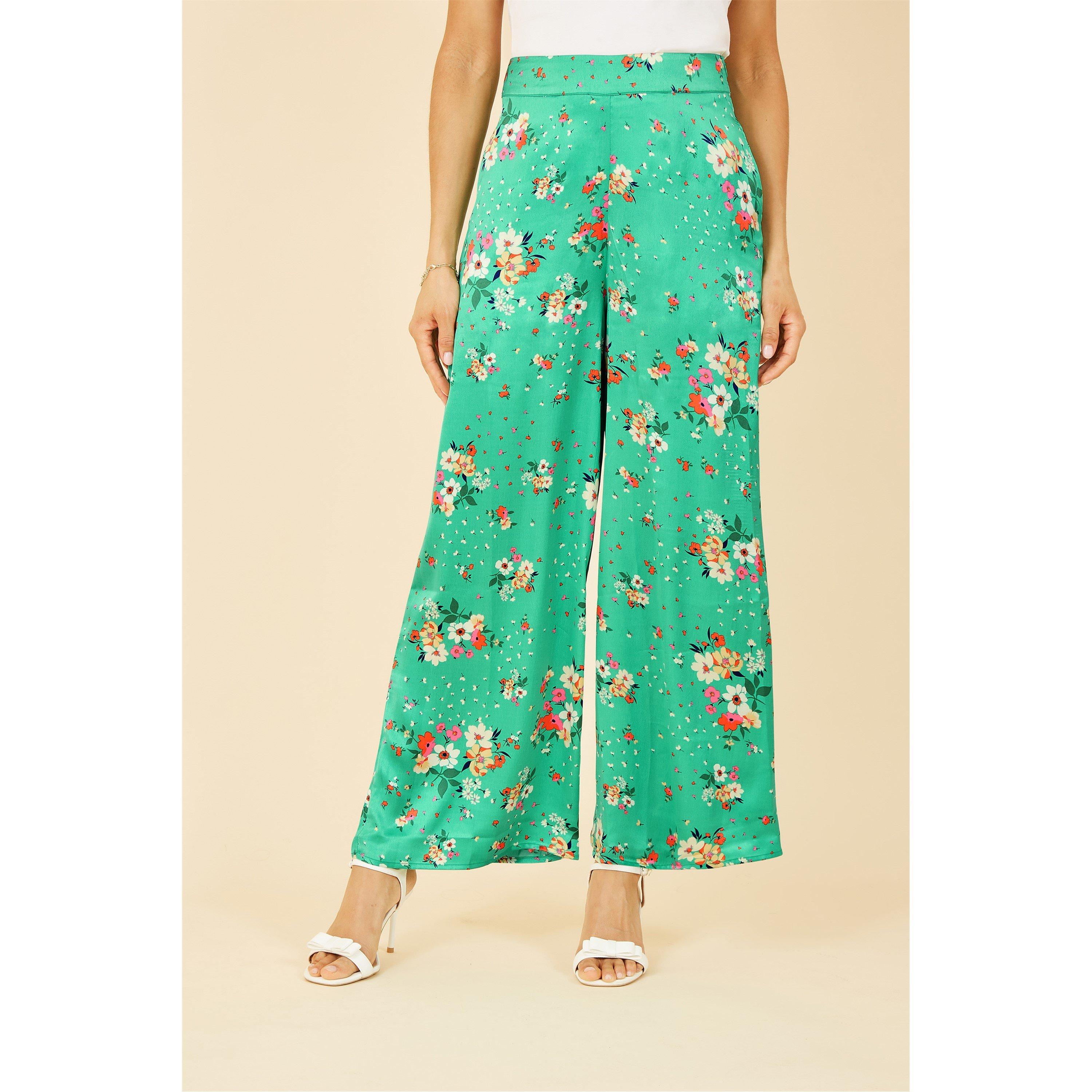 Green - Yumi - Green Floral Satin Wide Leg Trousers - 1