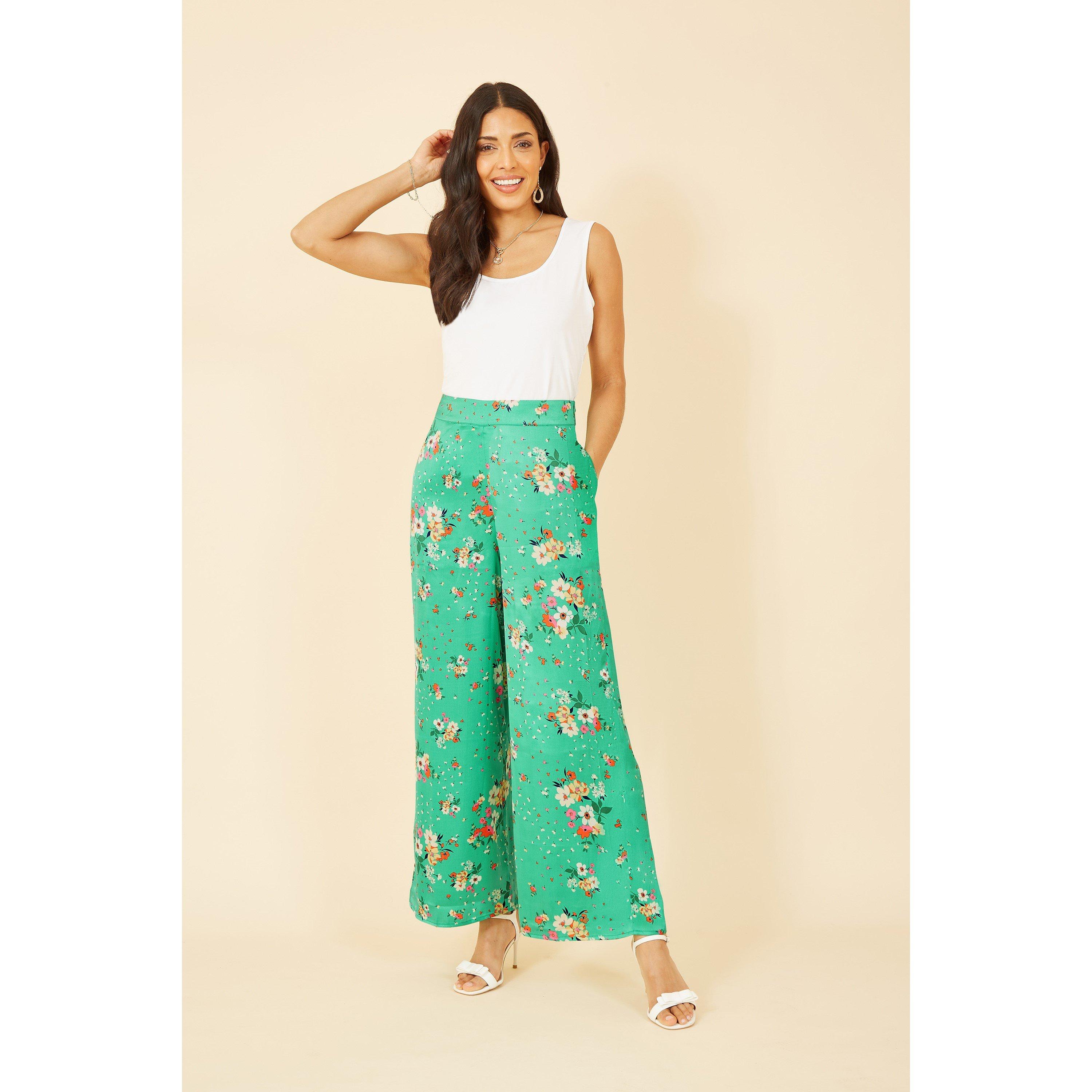Green - Yumi - Green Floral Satin Wide Leg Trousers - 2