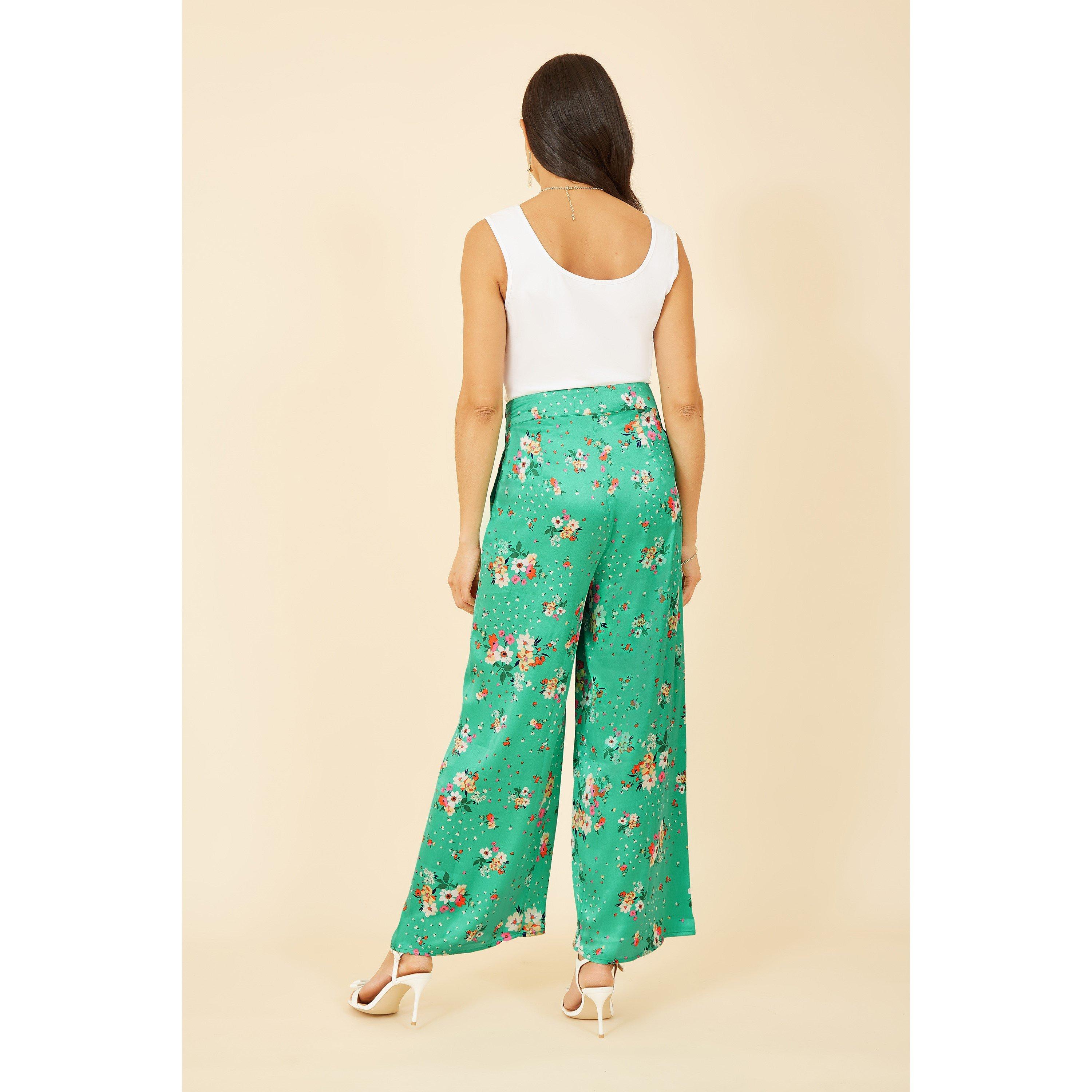 Green - Yumi - Green Floral Satin Wide Leg Trousers - 3