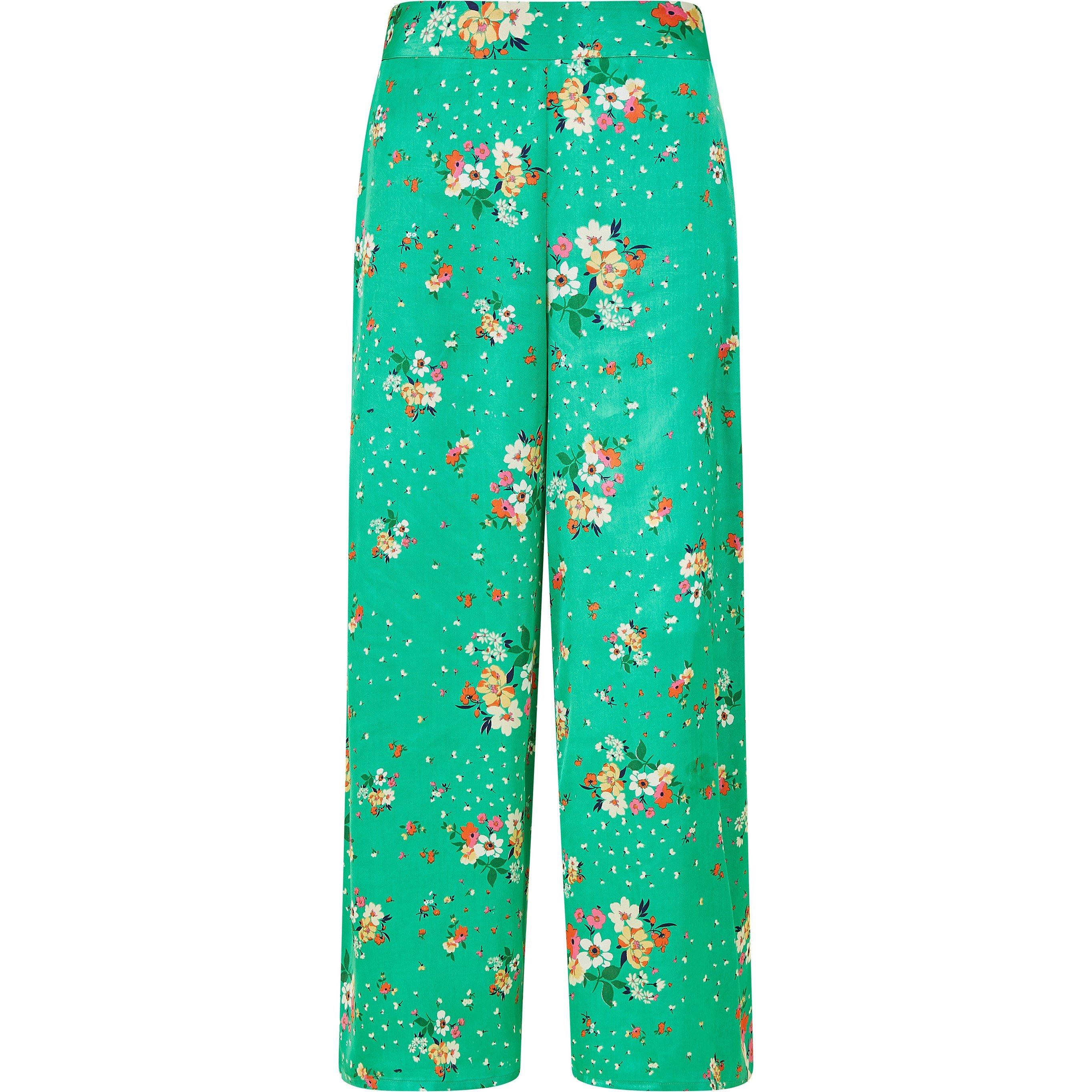 Green - Yumi - Green Floral Satin Wide Leg Trousers - 4