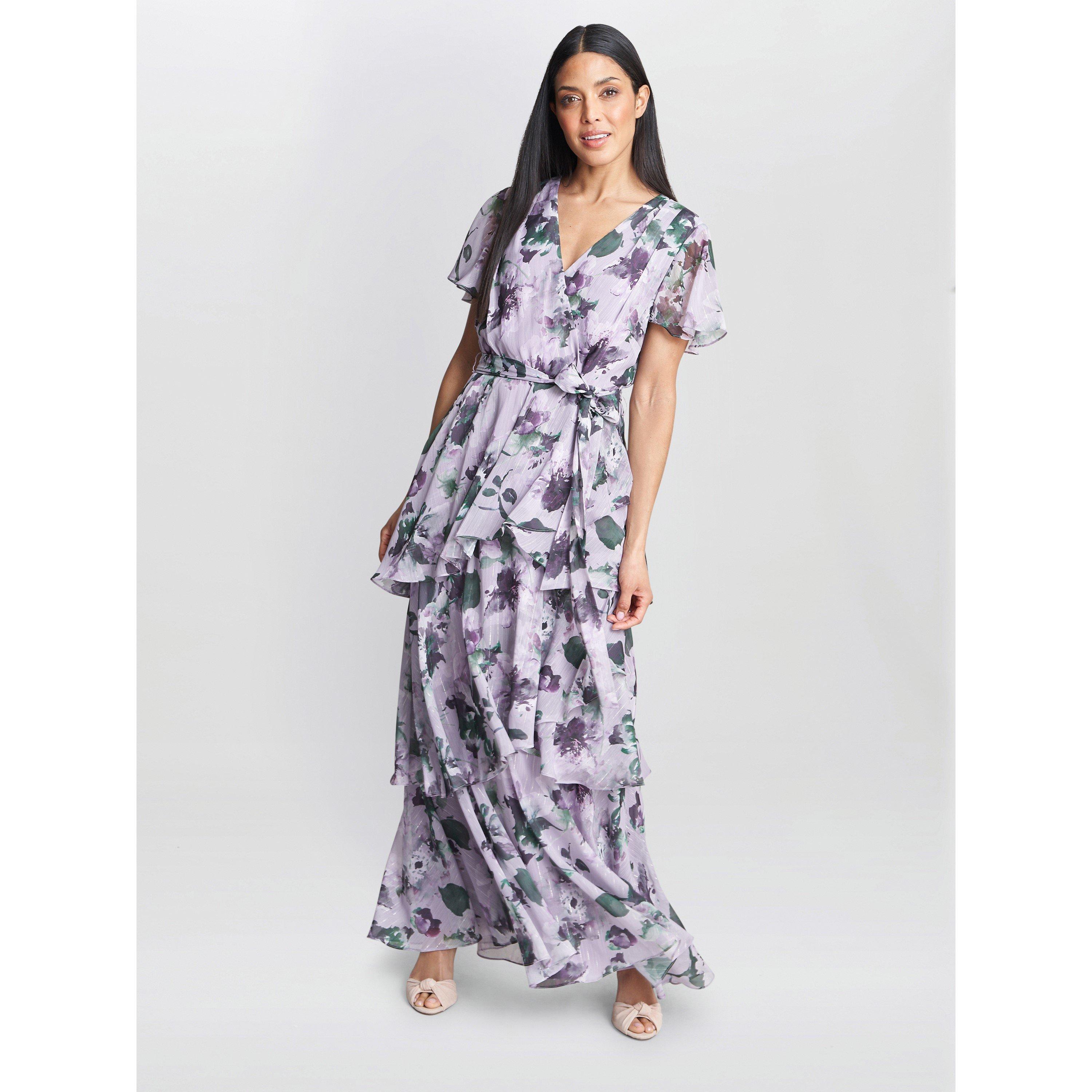 Mauve - Gina Bacconi - Ruby Printed Tiered Maxi Dress With Belt - 3