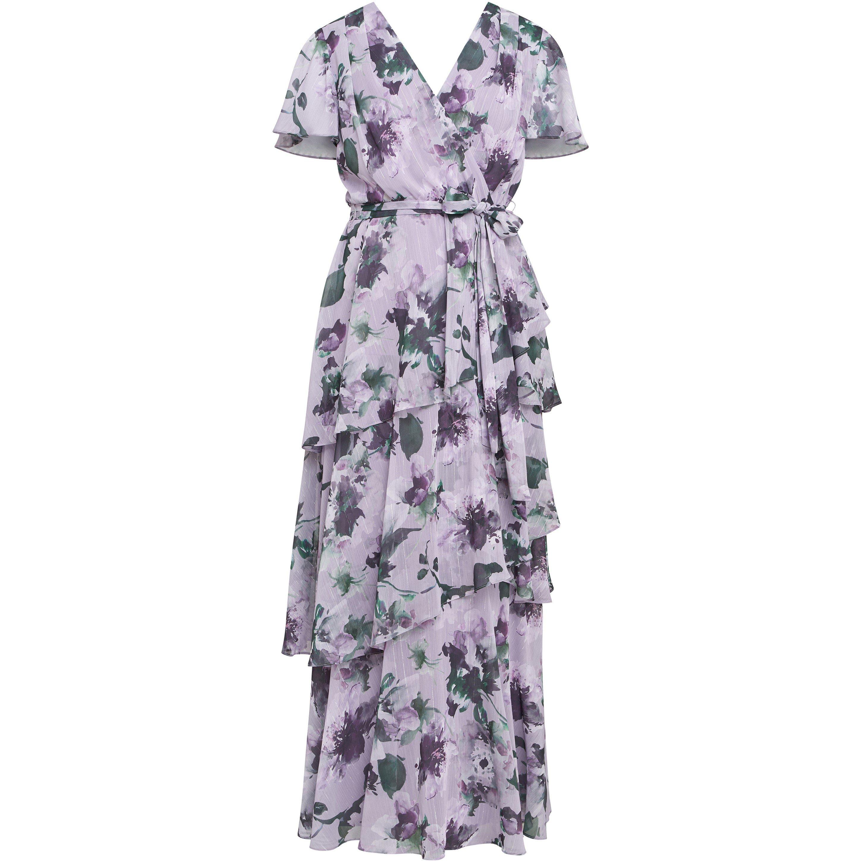 Mauve - Gina Bacconi - Ruby Printed Tiered Maxi Dress With Belt - 4