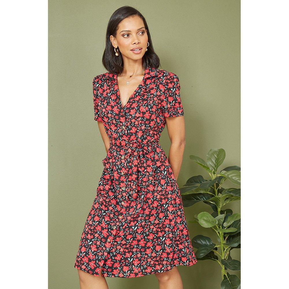 Black - Yumi - Red Poppy Print Retro Shirt Dress - 1