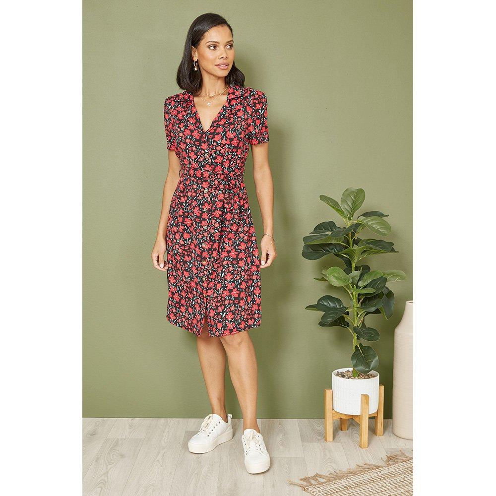 Black - Yumi - Red Poppy Print Retro Shirt Dress - 2