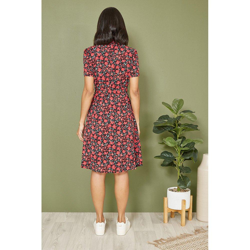 Black - Yumi - Red Poppy Print Retro Shirt Dress - 3