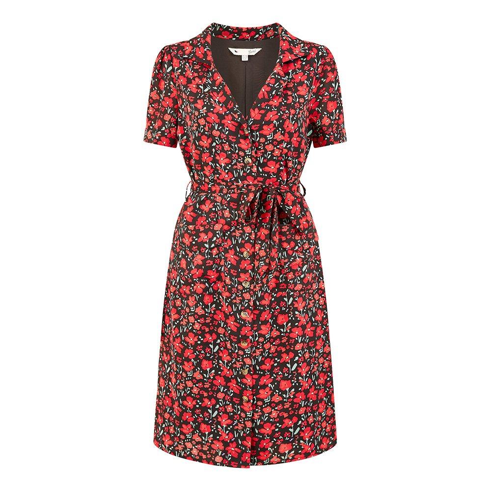 Black - Yumi - Red Poppy Print Retro Shirt Dress - 4