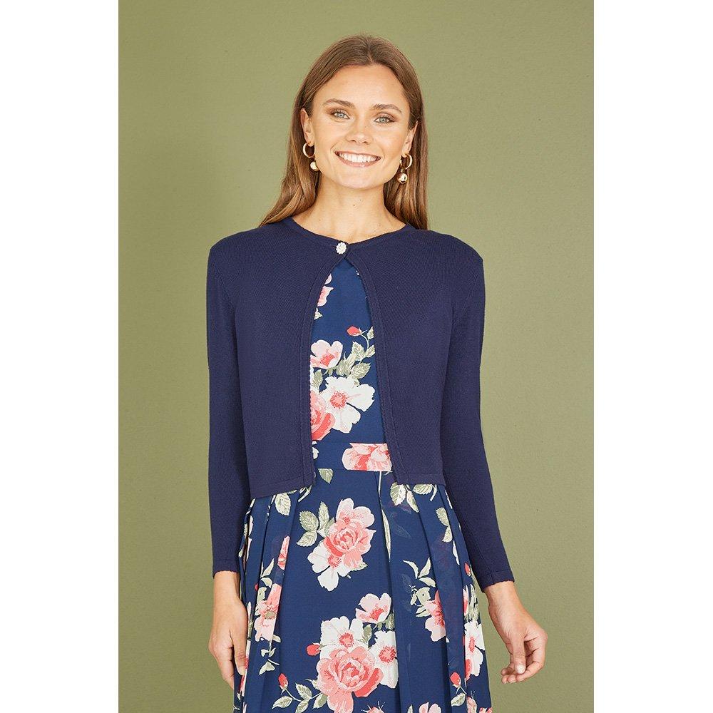 Navy - Yumi - Navy Diamante Button Cropped Cardigan - 1