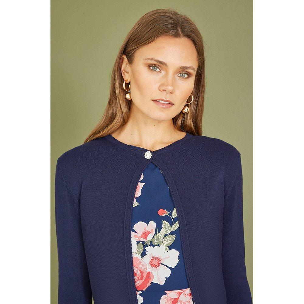Navy - Yumi - Navy Diamante Button Cropped Cardigan - 4