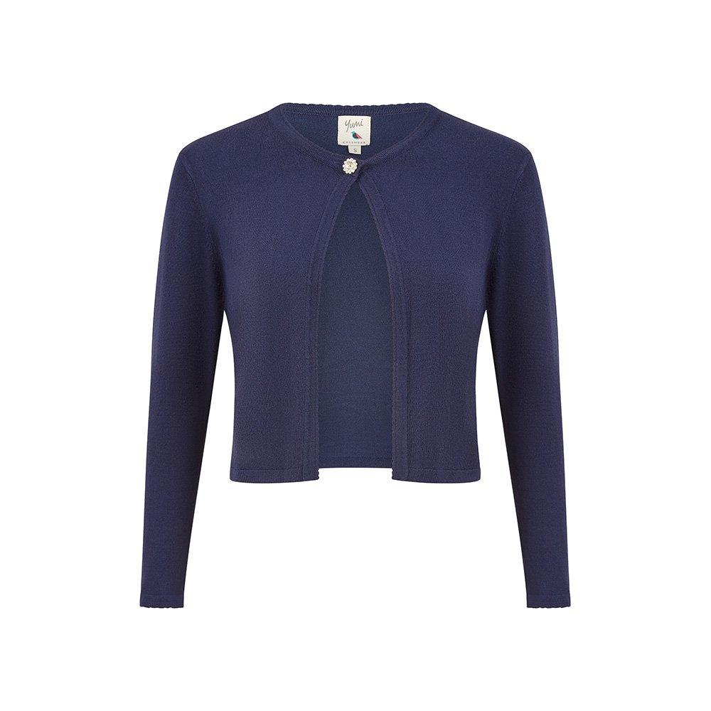 Navy - Yumi - Navy Diamante Button Cropped Cardigan - 5