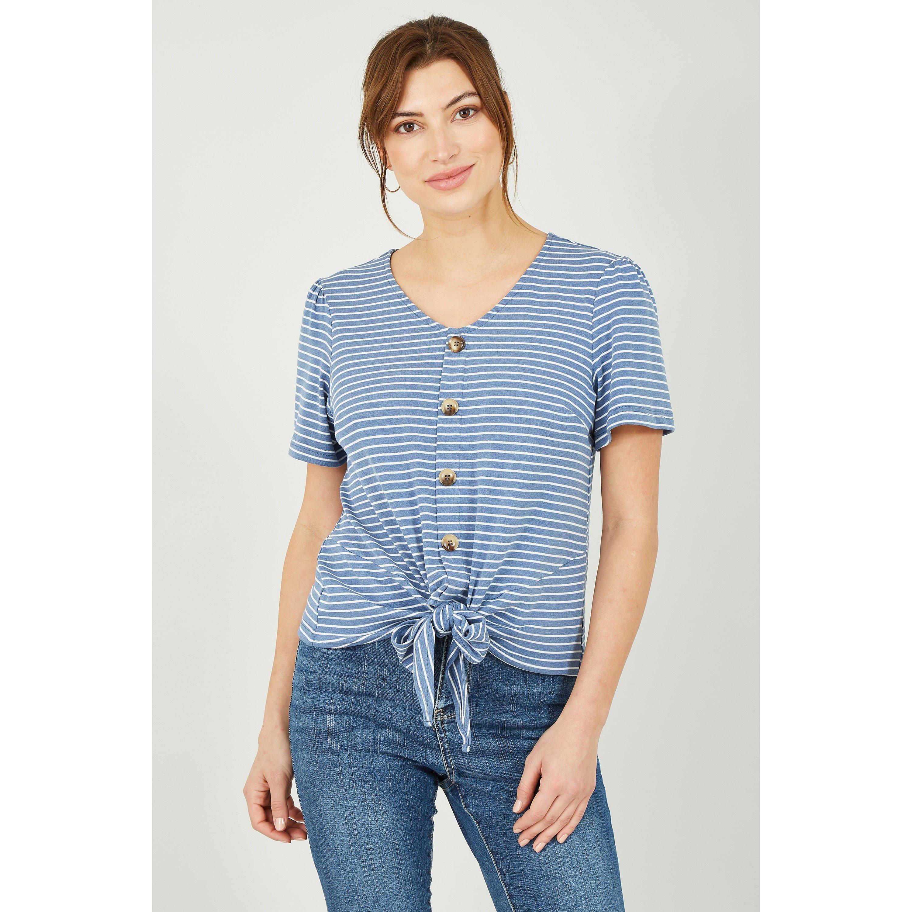 Blue - Yumi - Blue Striped Jersey Button Detail Top - 1